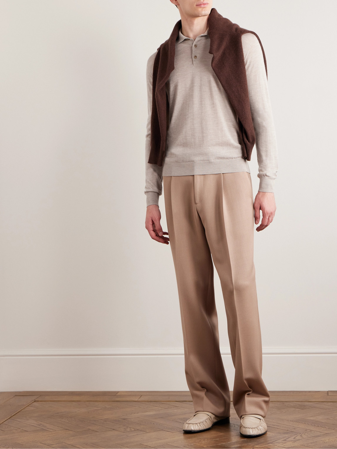Shop Saman Amel Slim-fit Cashmere And Silk-blend Polo Shirt In Neutrals