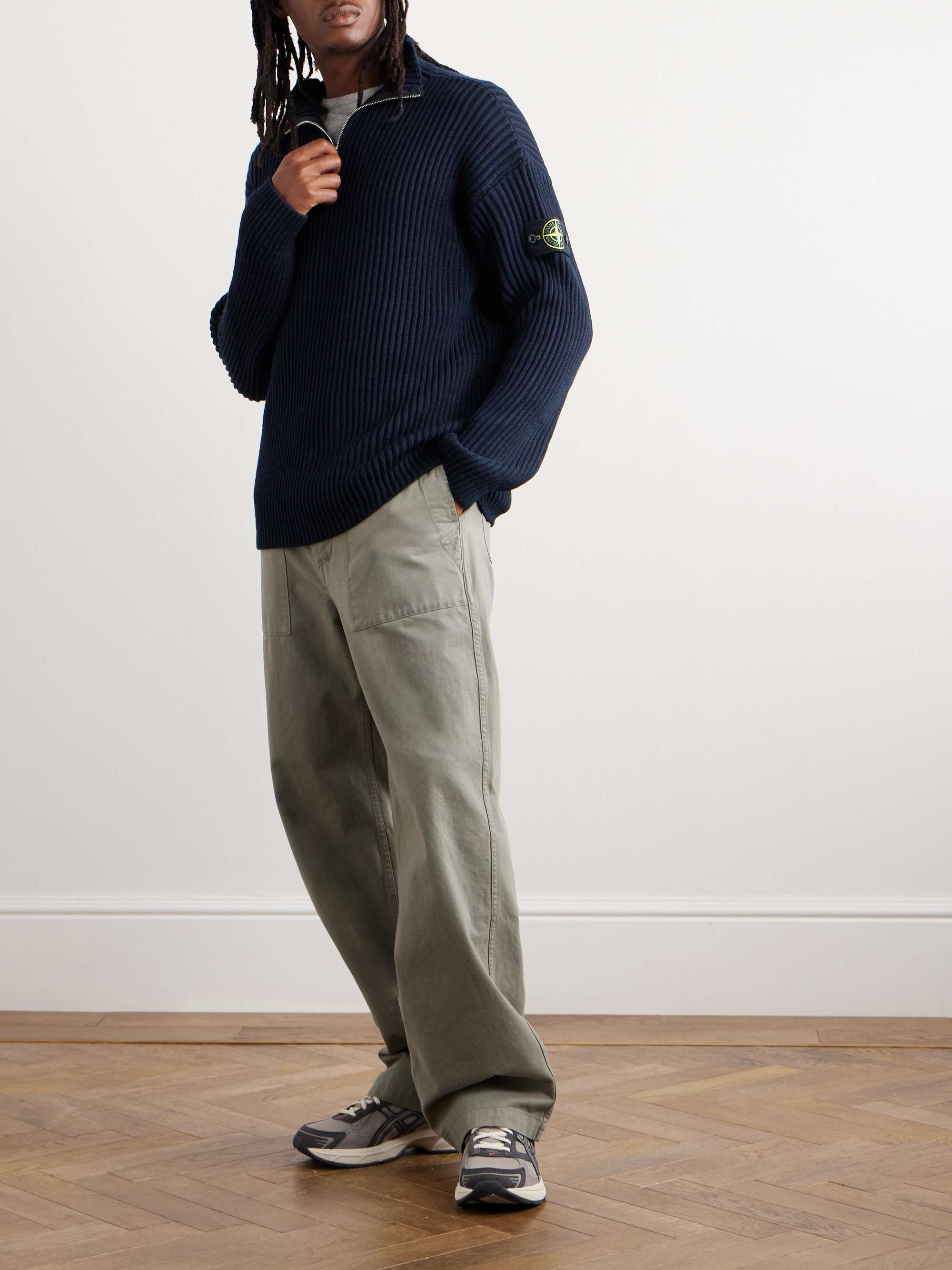 STONE ISLAND Logo-Appliquéd Ribbed Wool Half-Zip Sweater for Men | MR PORTER