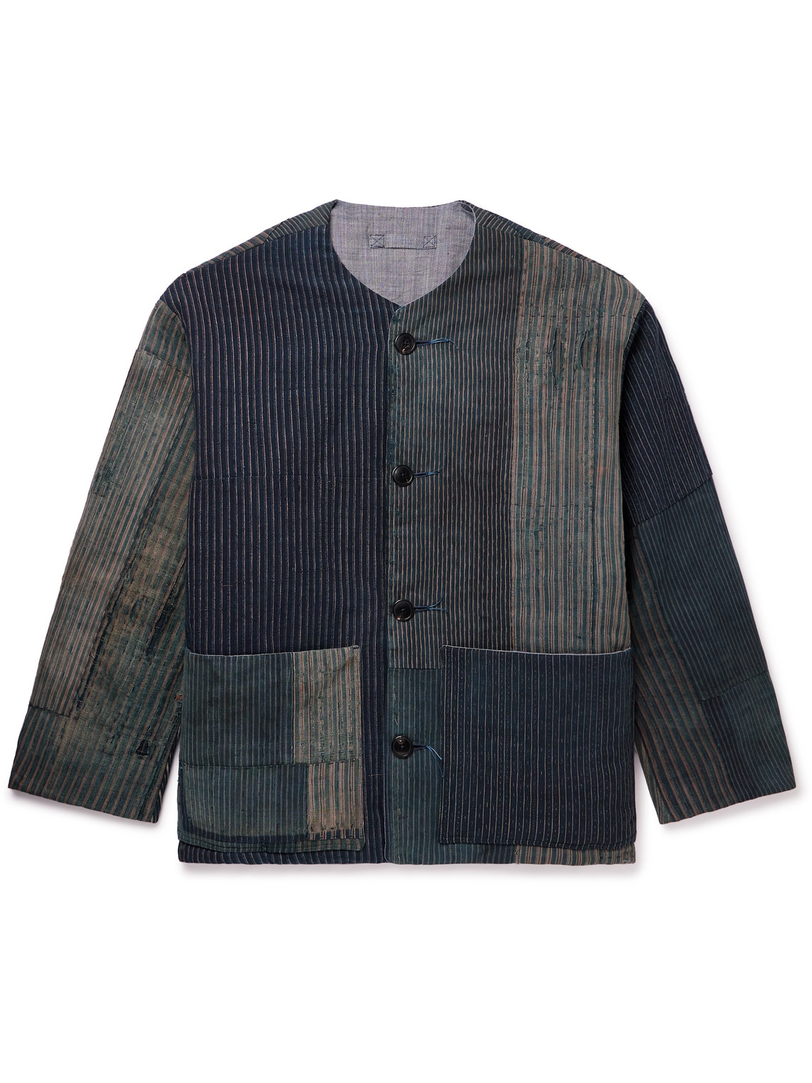 Applied Art Forms Cu1-1 Padded Patchwork Striped Cotton-gabardine Jacket In Blue
