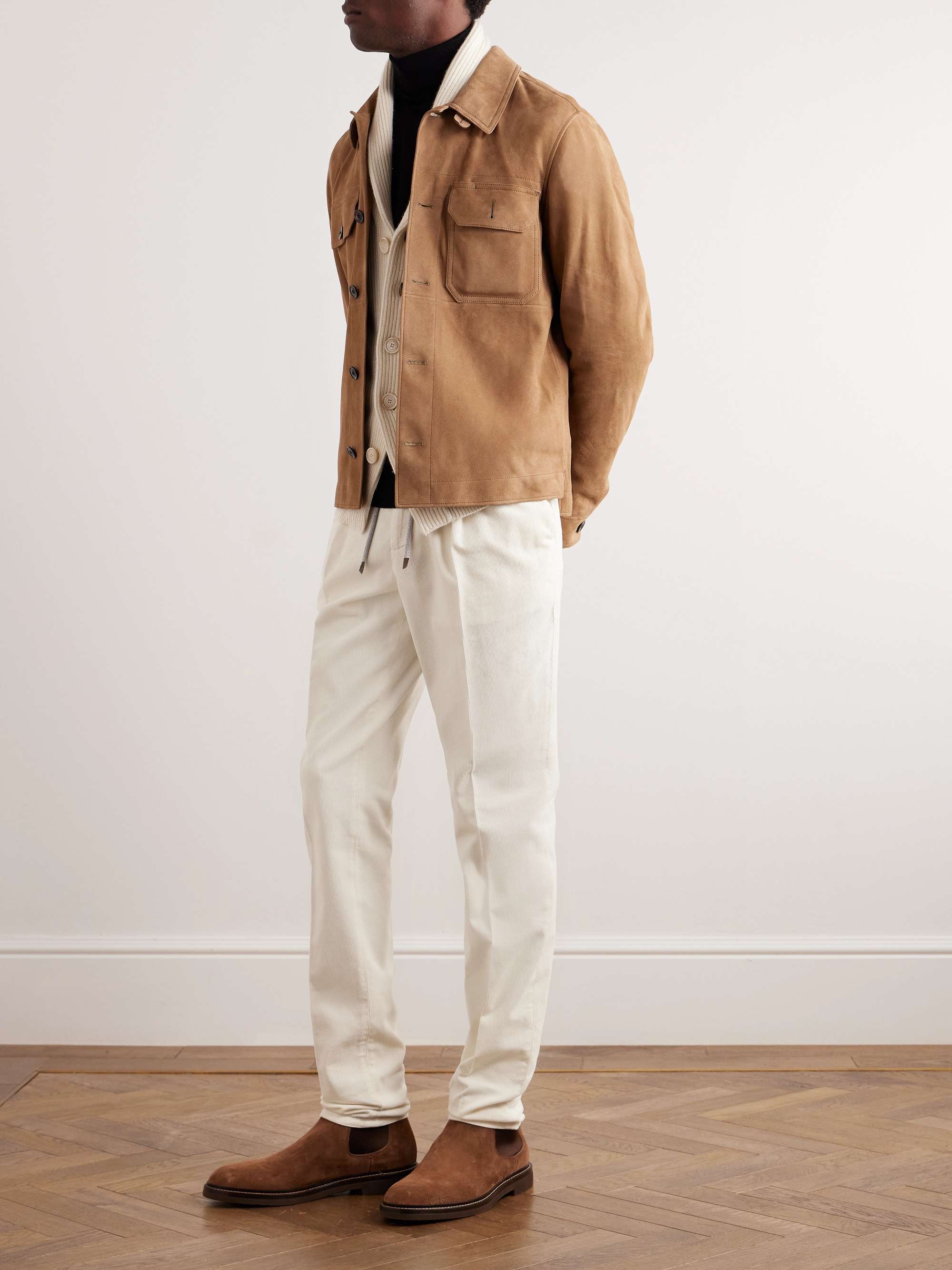 Pleated suede tapered pants