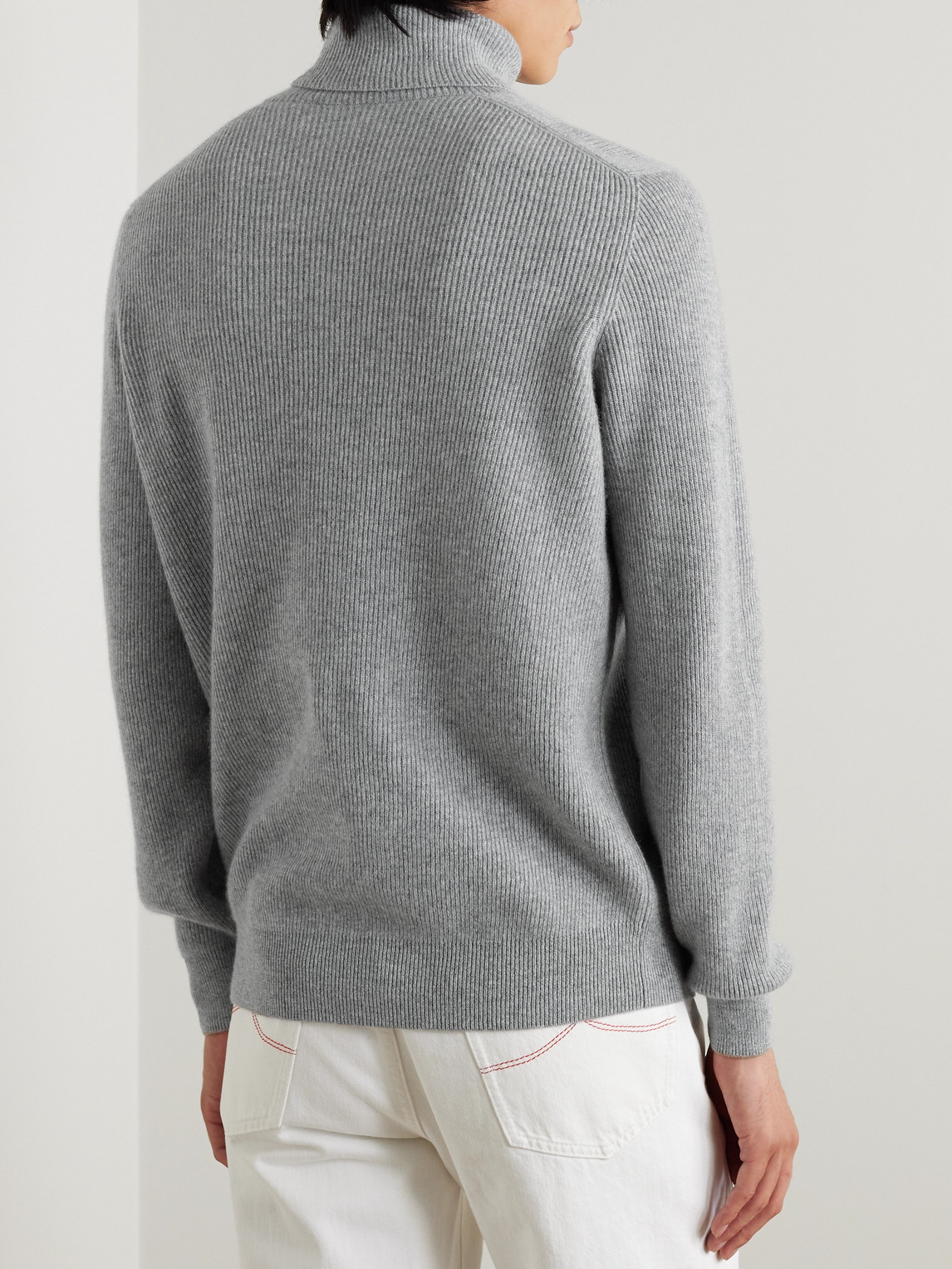 Shop Brunello Cucinelli Ribbed Cashmere Rollneck Sweater In Gray