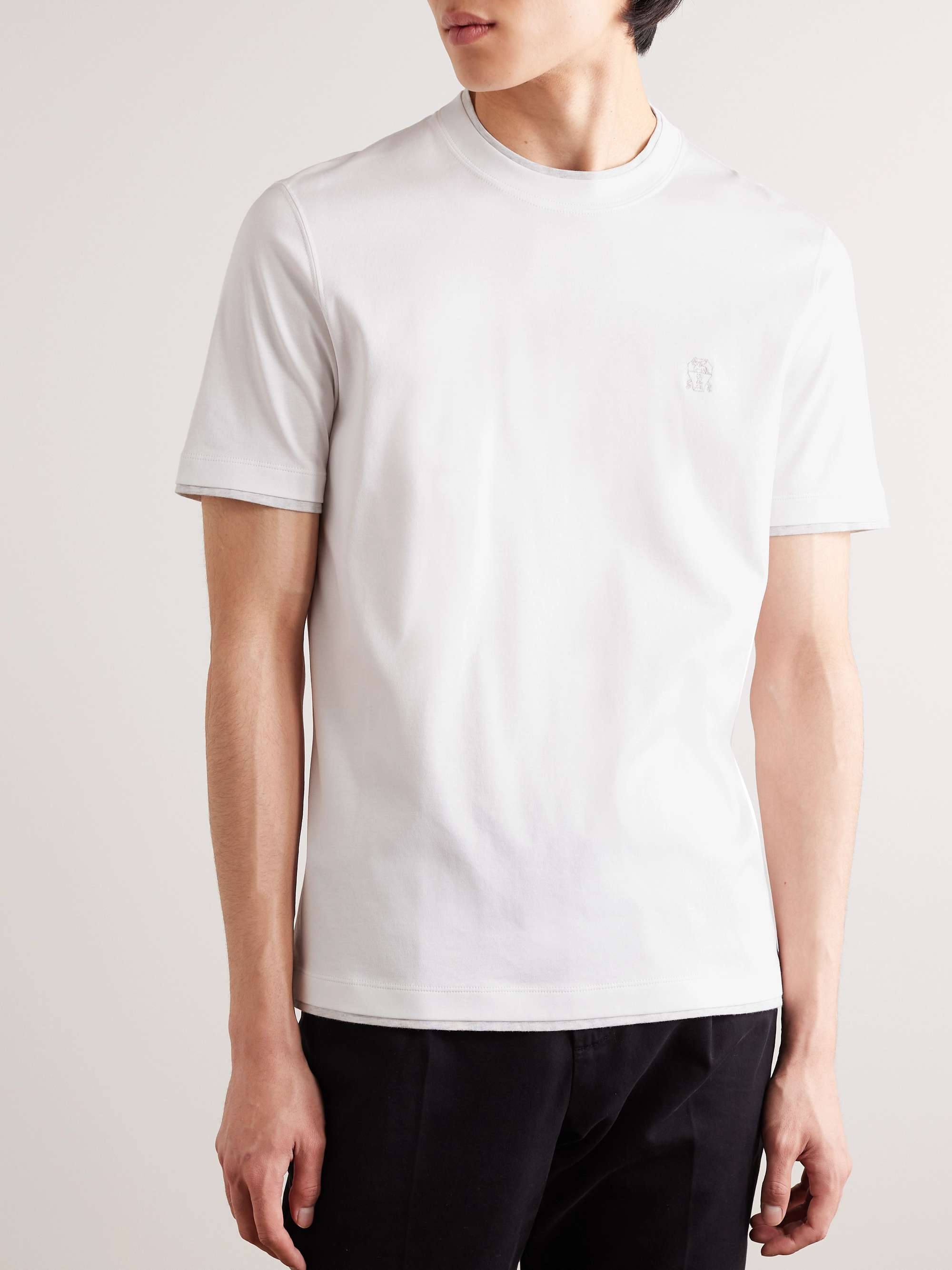 BRUNELLO CUCINELLI Schmal geschnittenes mehrlagiges T-Shirt aus Baumwoll-Jersey mit Logostickerei