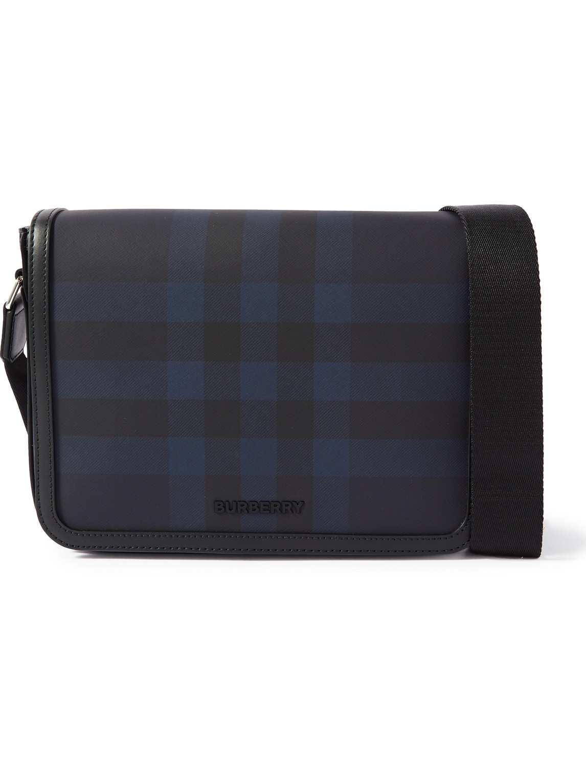 Burberry Logo-embellished Leather-trimmed Checked Coated-canvas Messenger Bag In Navy