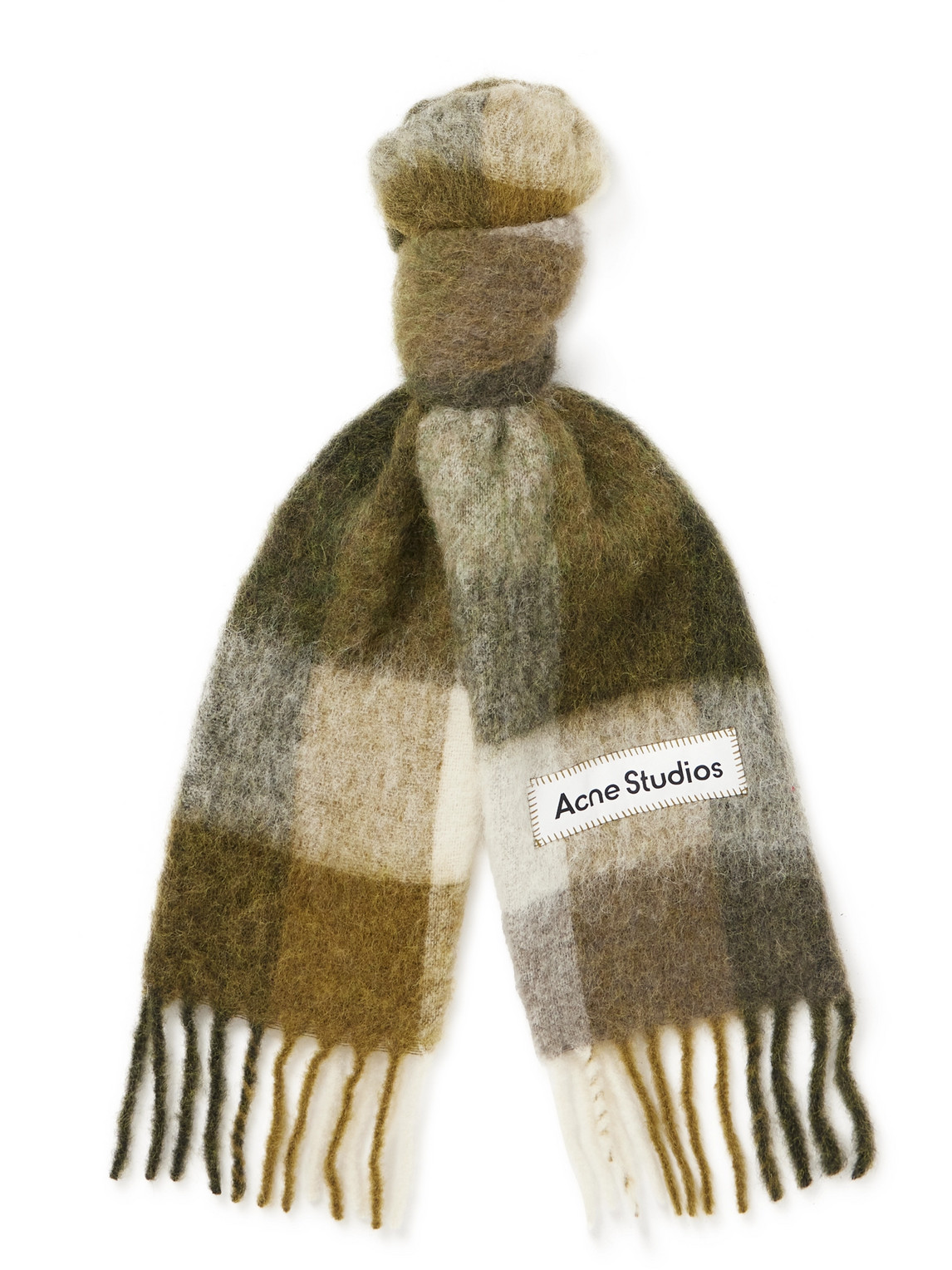 Acne Studios Fringed Checked Knitted Scarf In Green