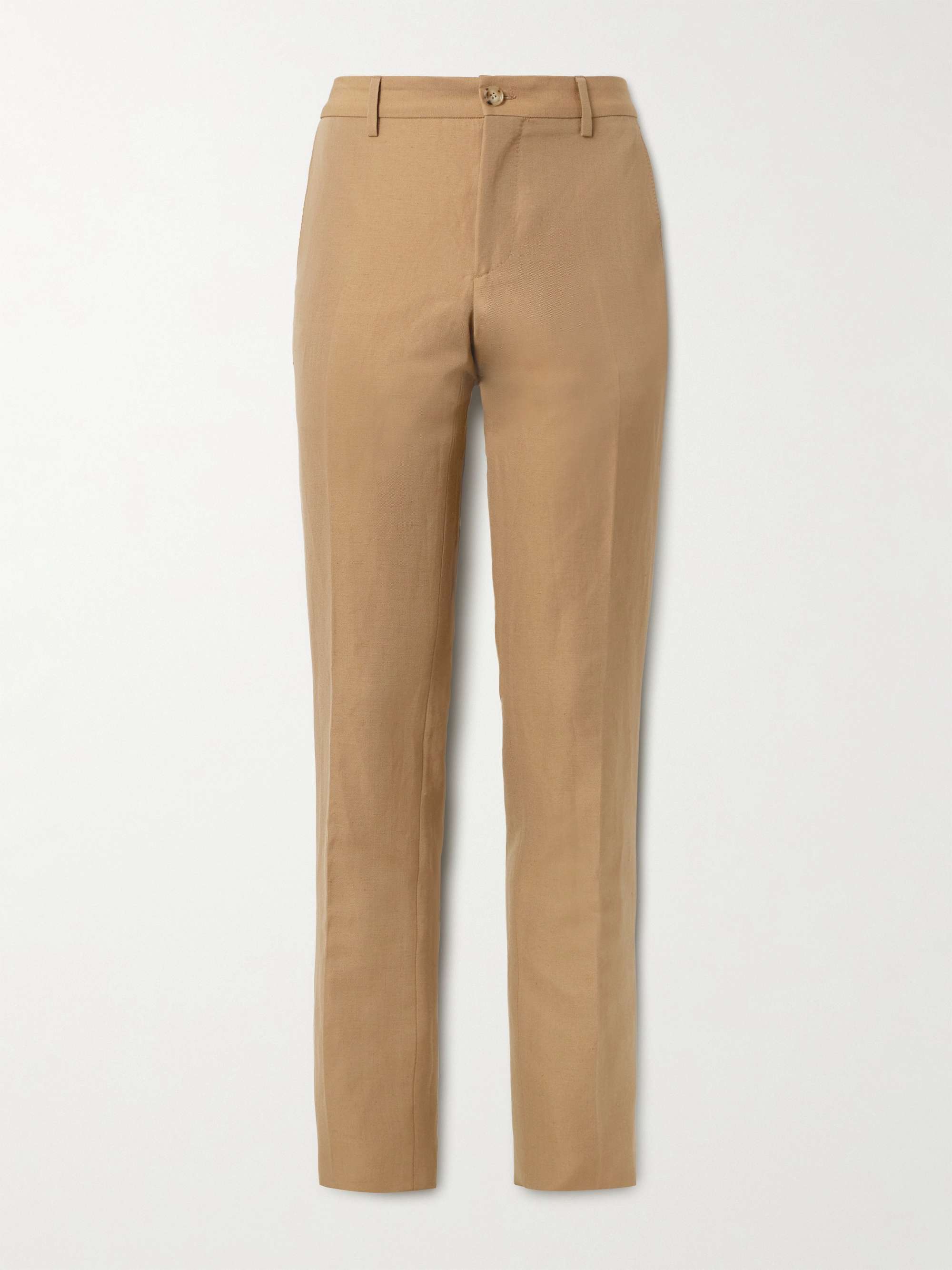 BURBERRY Slim-Fit Straight-Leg Pleated Embroidered Wool and Linen-Blend  Trousers for Men | MR PORTER