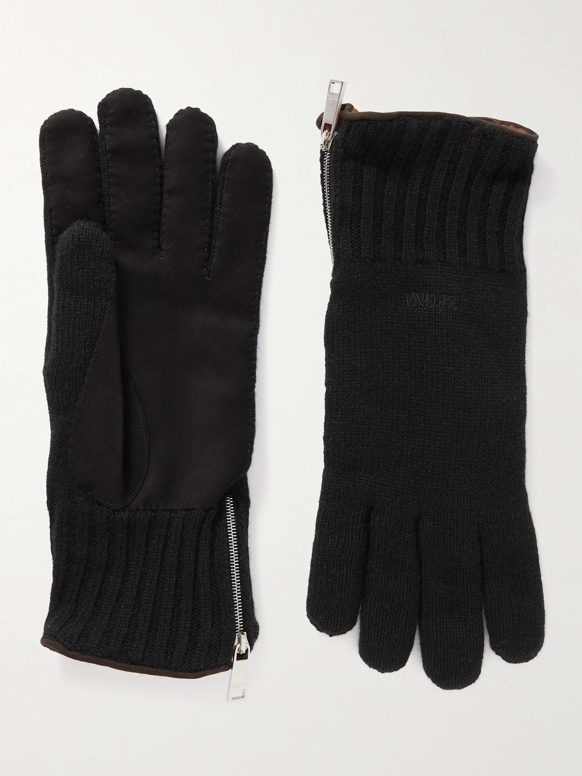 ZEGNA Logo-Embroidered Leather-Trimmed Cashmere Gloves for Men | MR PORTER