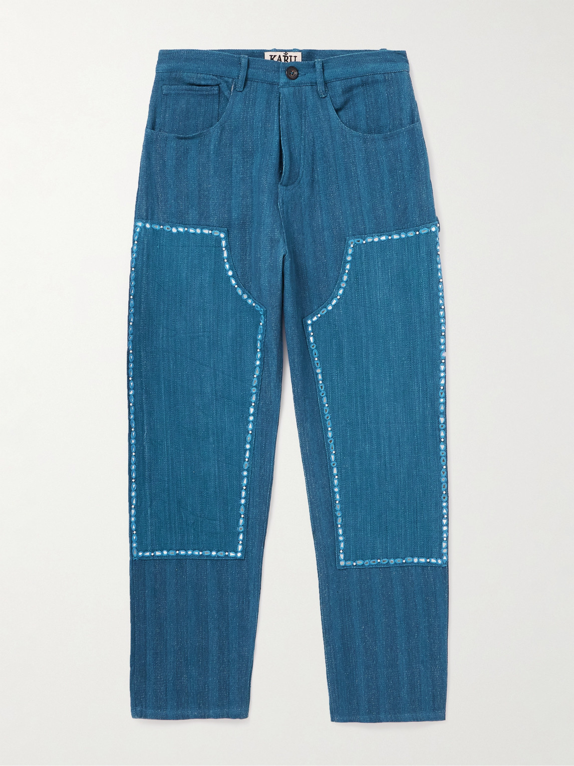 Karu Research Straight-leg Embellished Panelled Khadi Denim Trousers In Blue