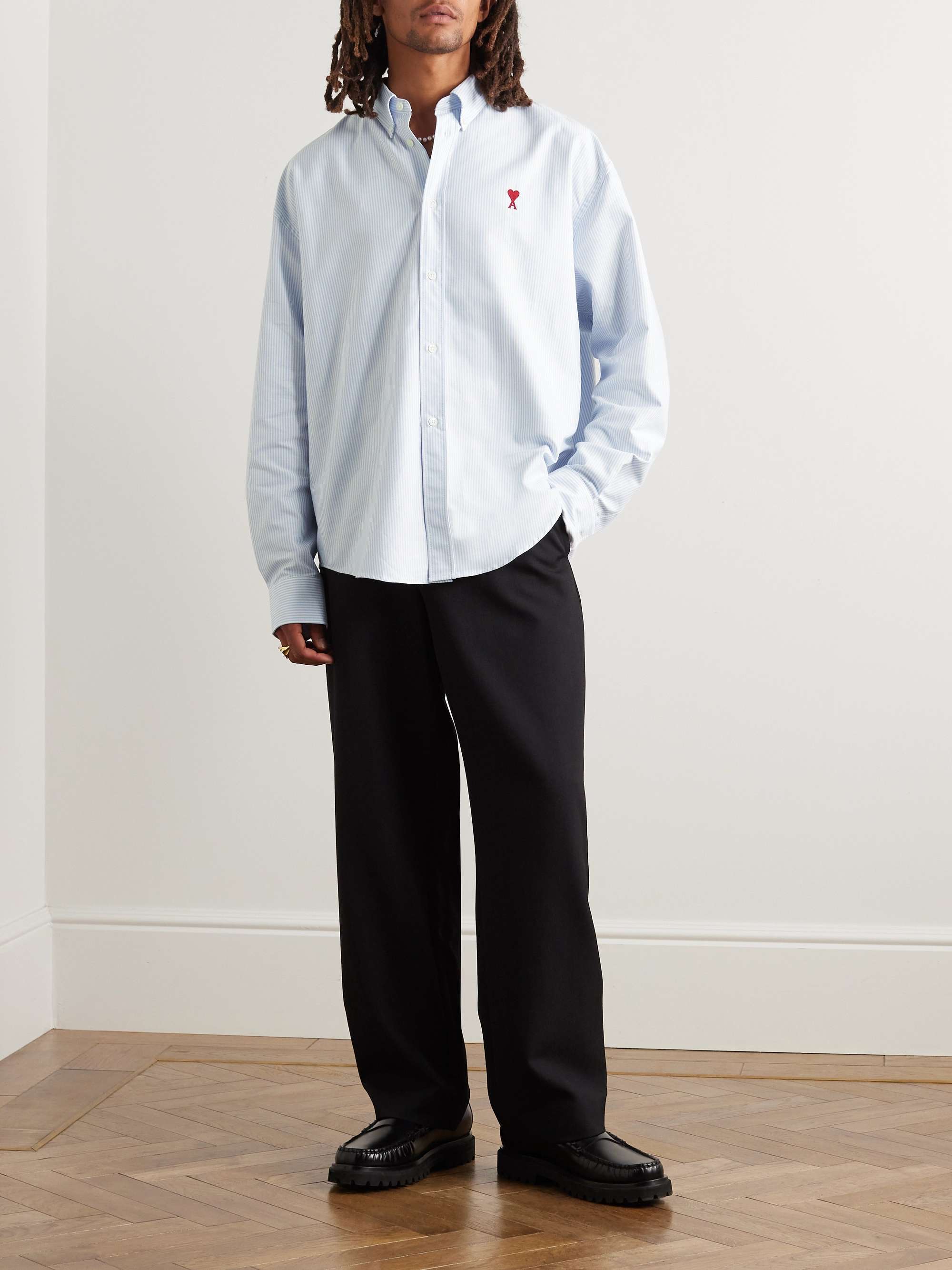 AMI PARIS Button-Down Collar Logo-Embroidered Striped Cotton Oxford Shirt  for Men | MR PORTER