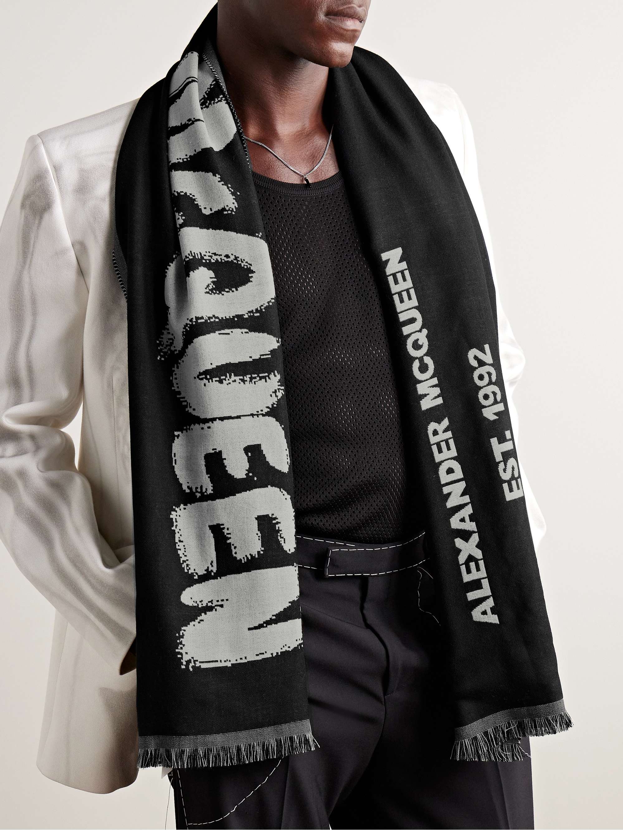 ALEXANDER MCQUEEN Fringed Logo-Jacquard Wool Scarf for Men | MR PORTER