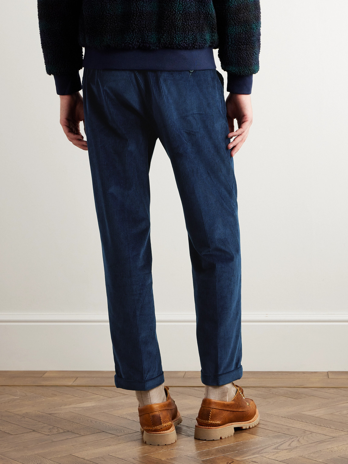 Shop Baracuta Straight-leg Pleated Cotton-corduroy Trousers In Blue