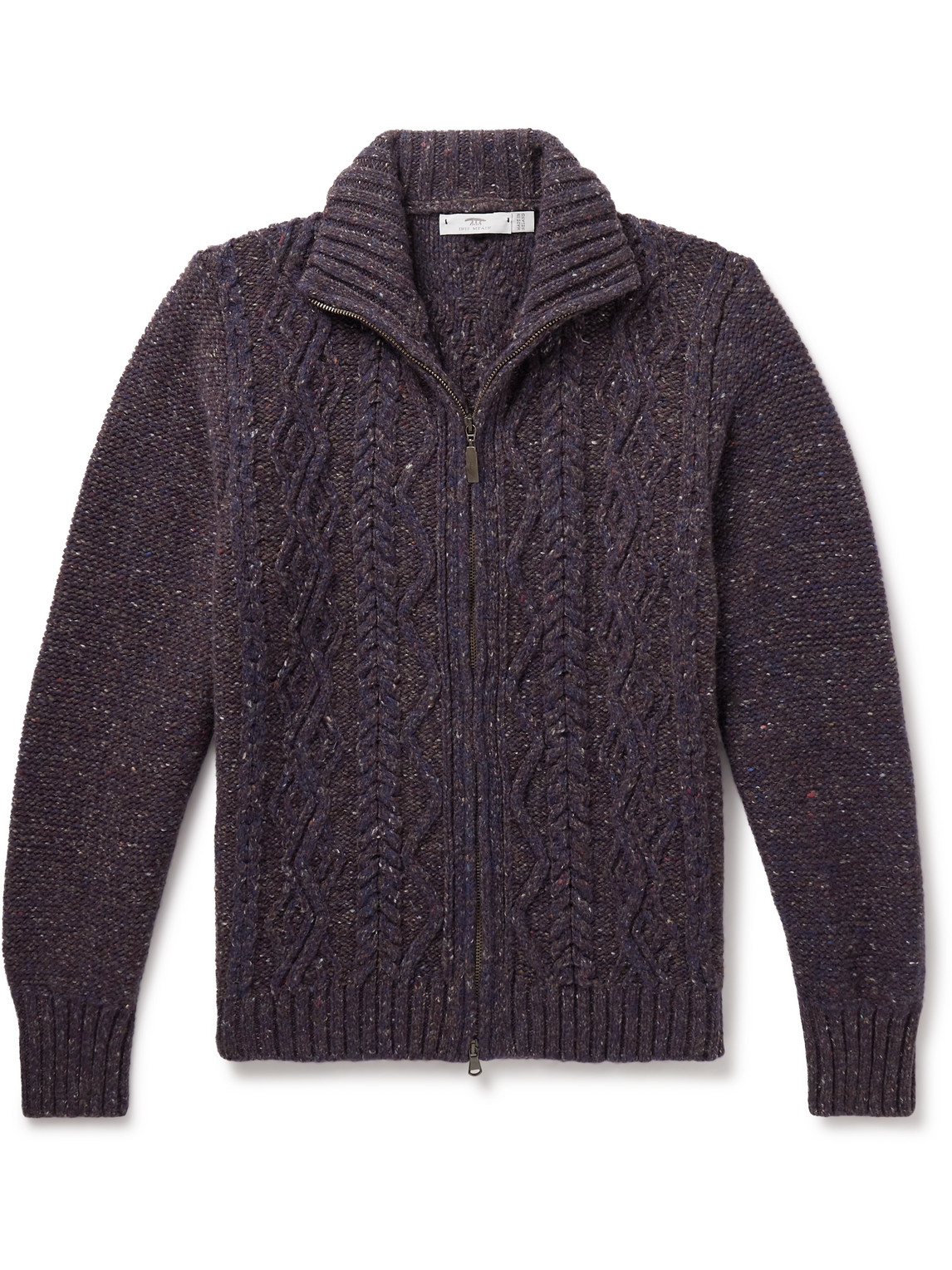 INIS MEAIN CABLE-KNIT DONEGAL MERINO WOOL AND CASHMERE-BLEND ZIP-UP CARDIGAN