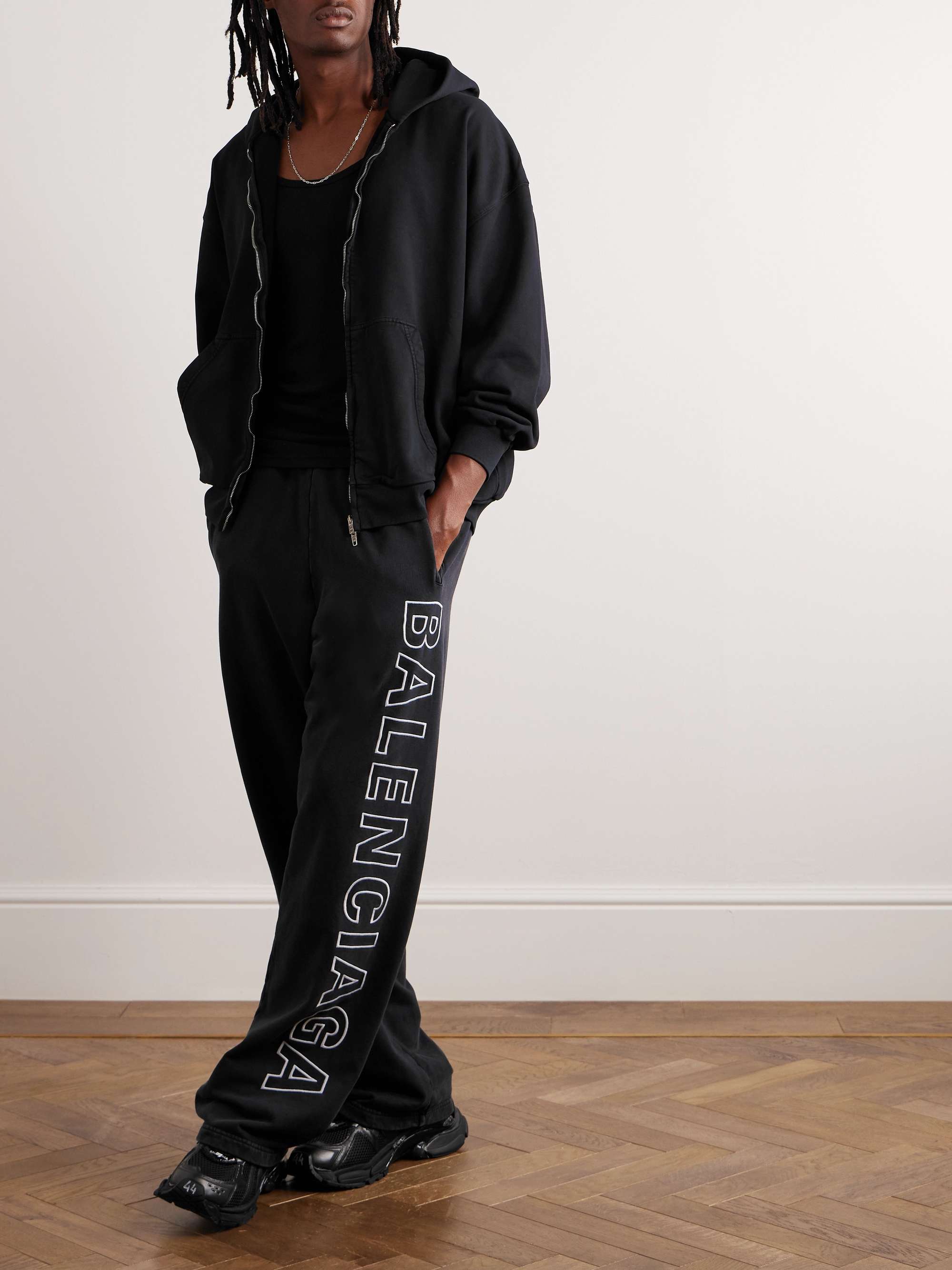BALENCIAGA Wide-Leg Logo-Embroidered Cotton-Jersey Sweatpants for