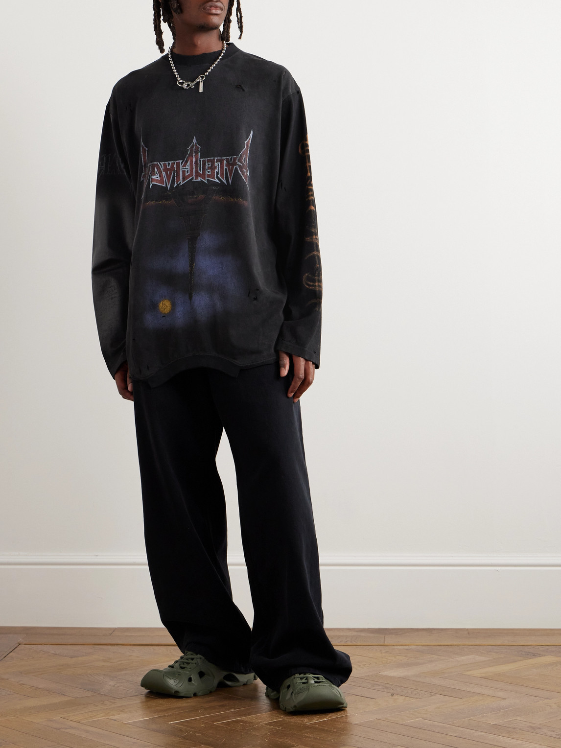 Shop Balenciaga Oversized Distressed Logo-print Stretch-cotton Jersey T-shirt In Black