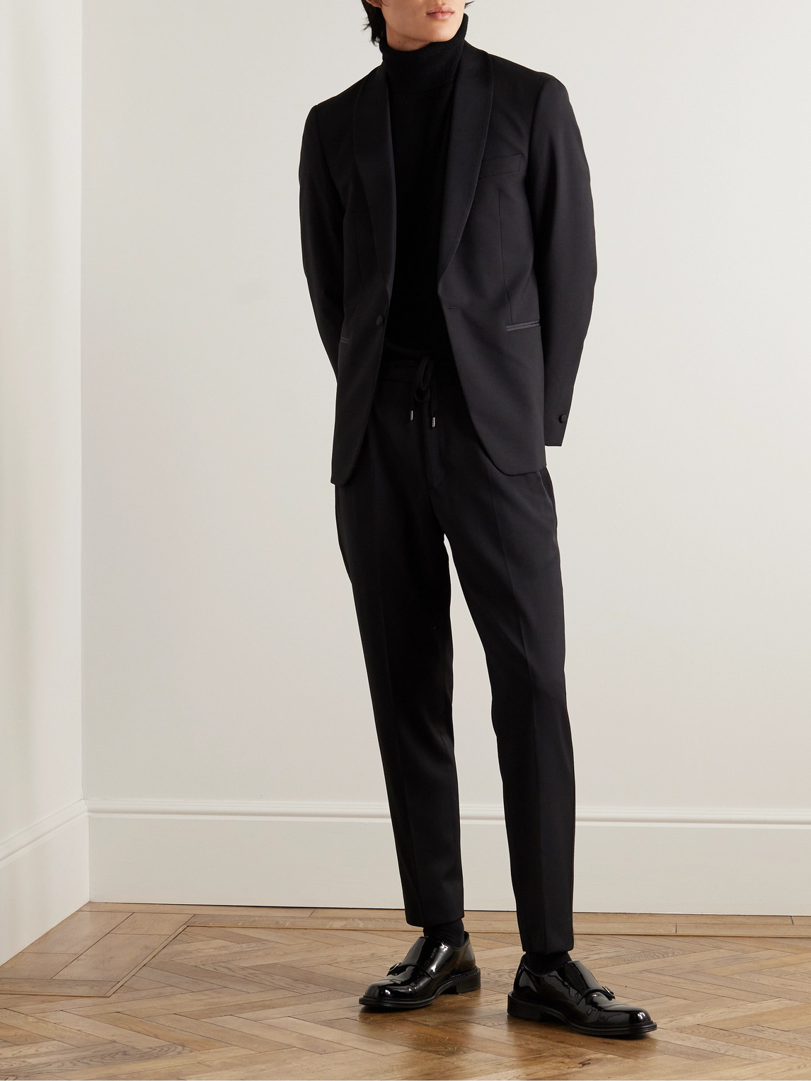 Shop Mr P Tapered Grosgrain-trimmed Wool Drawstring Tuxedo Trousers In Black