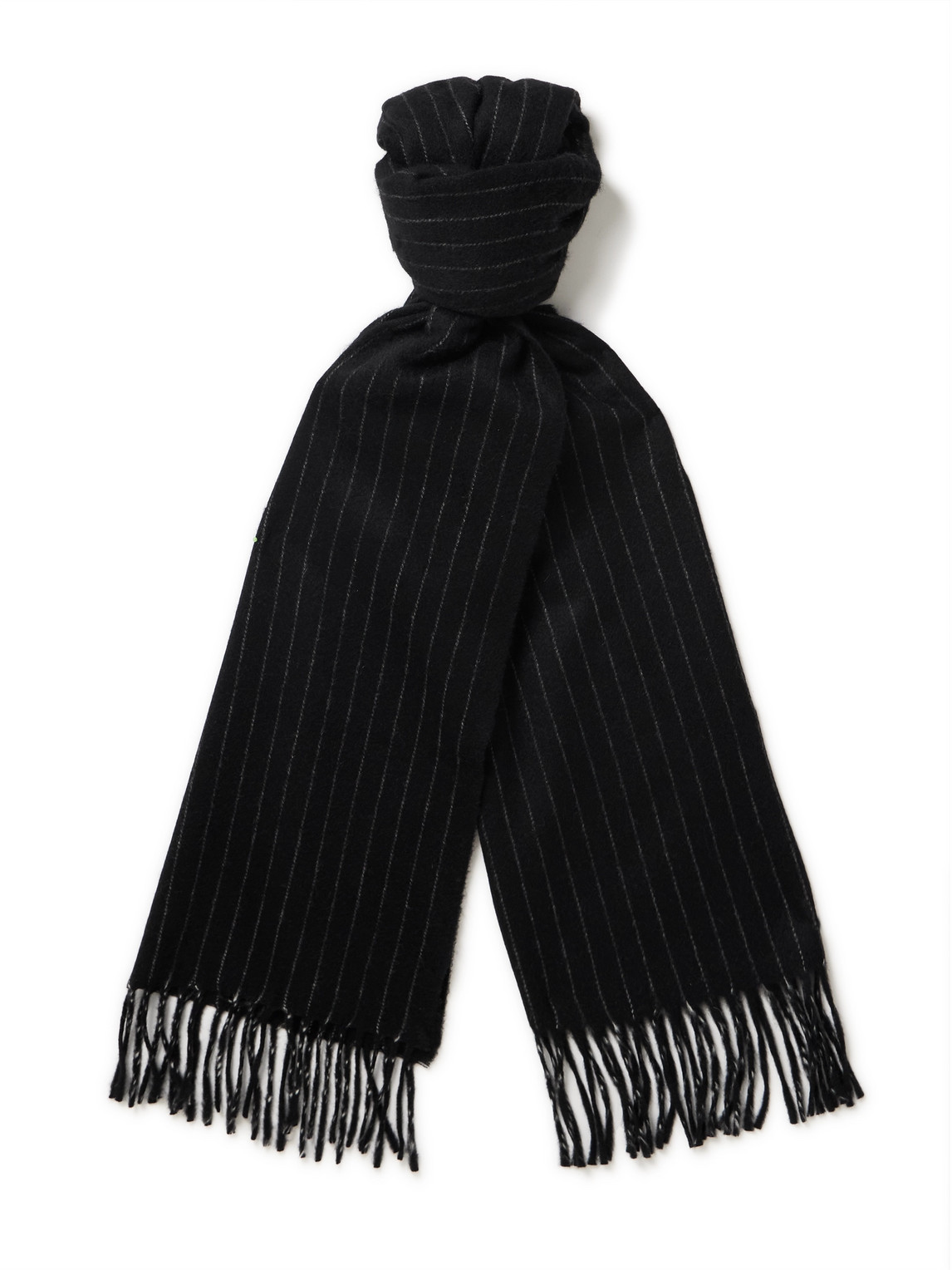 Saint Laurent Fringed Pinstriped Cashmere And Wool-blend Scarf In Black