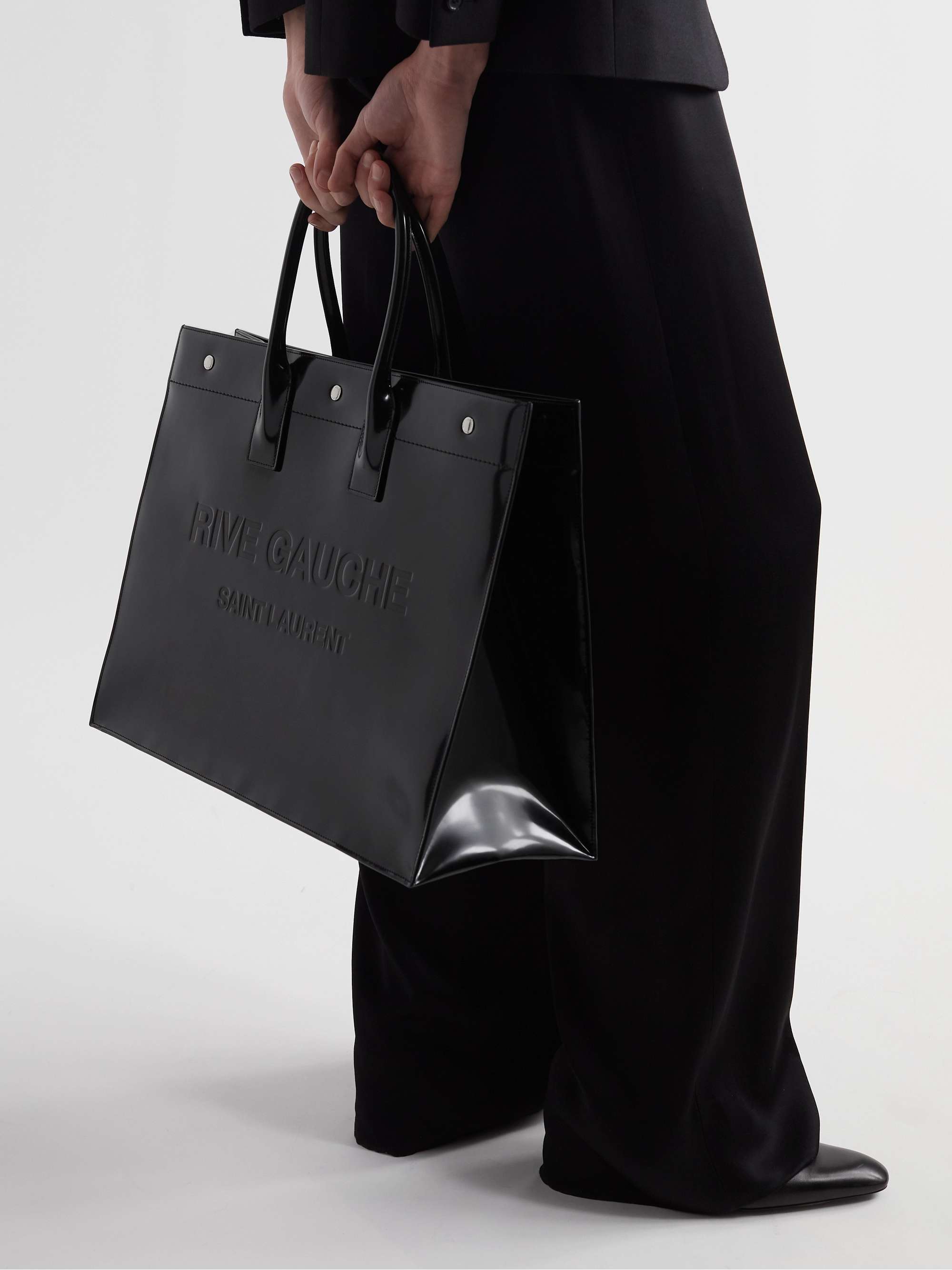 SAINT LAURENT Rive Gauche Logo-Embossed Glossed-Leather Tote Bag for Men |  MR PORTER