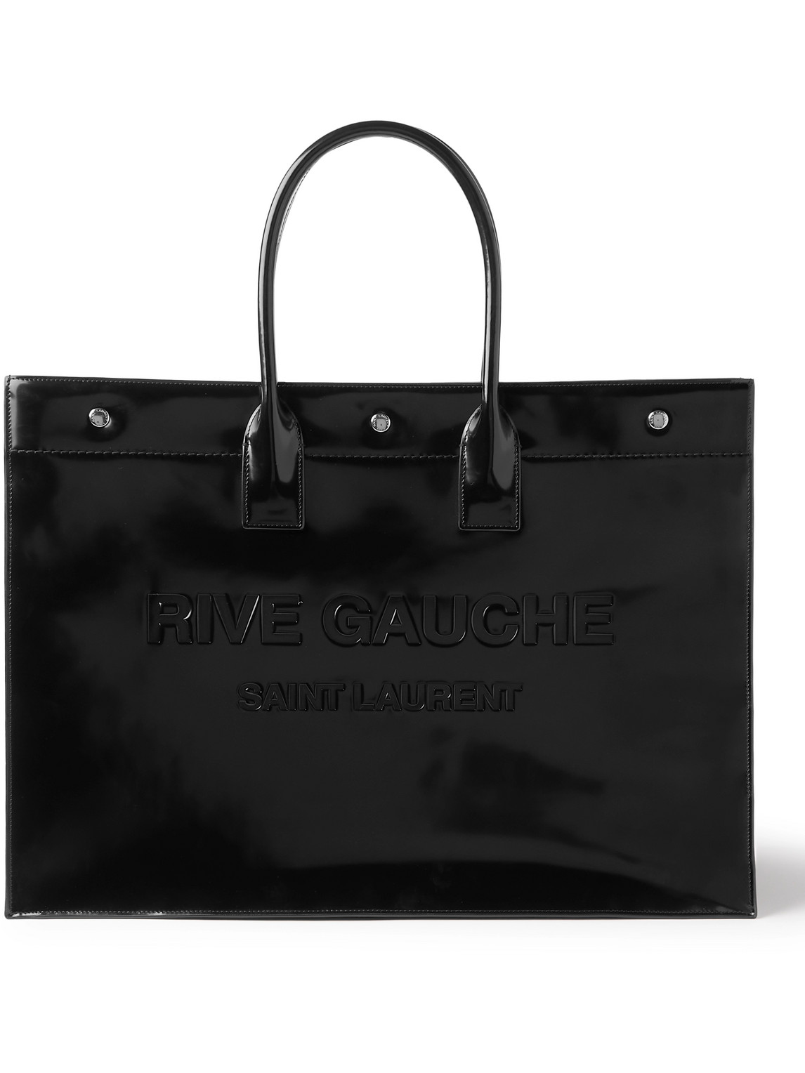 Saint Laurent Rive Gauche Logo-embossed Glossed-leather Tote Bag In Black