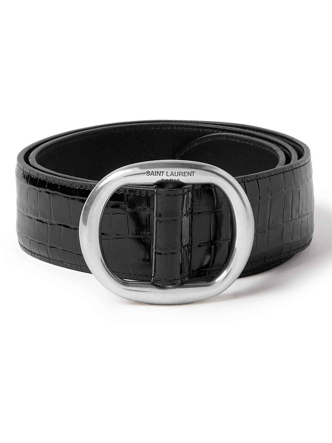 Saint Laurent 4cm Croc-effect Patent-leather Belt In Black