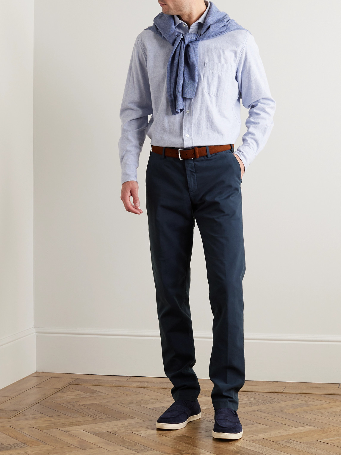 Shop Loro Piana Slim-fit Cotton-blend Trousers In Blue