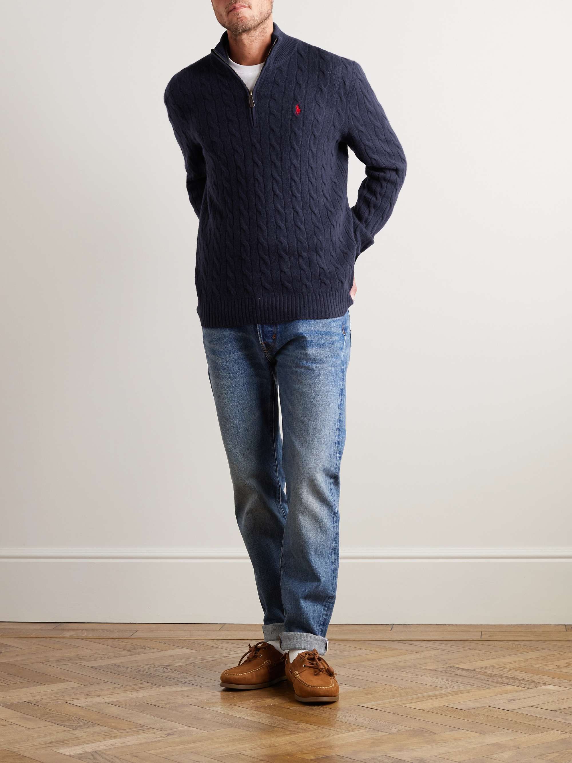 POLO RALPH LAUREN Logo-Embroidered Cable-Knit Wool and Cashmere-Blend  Half-Zip Sweater for Men | MR PORTER