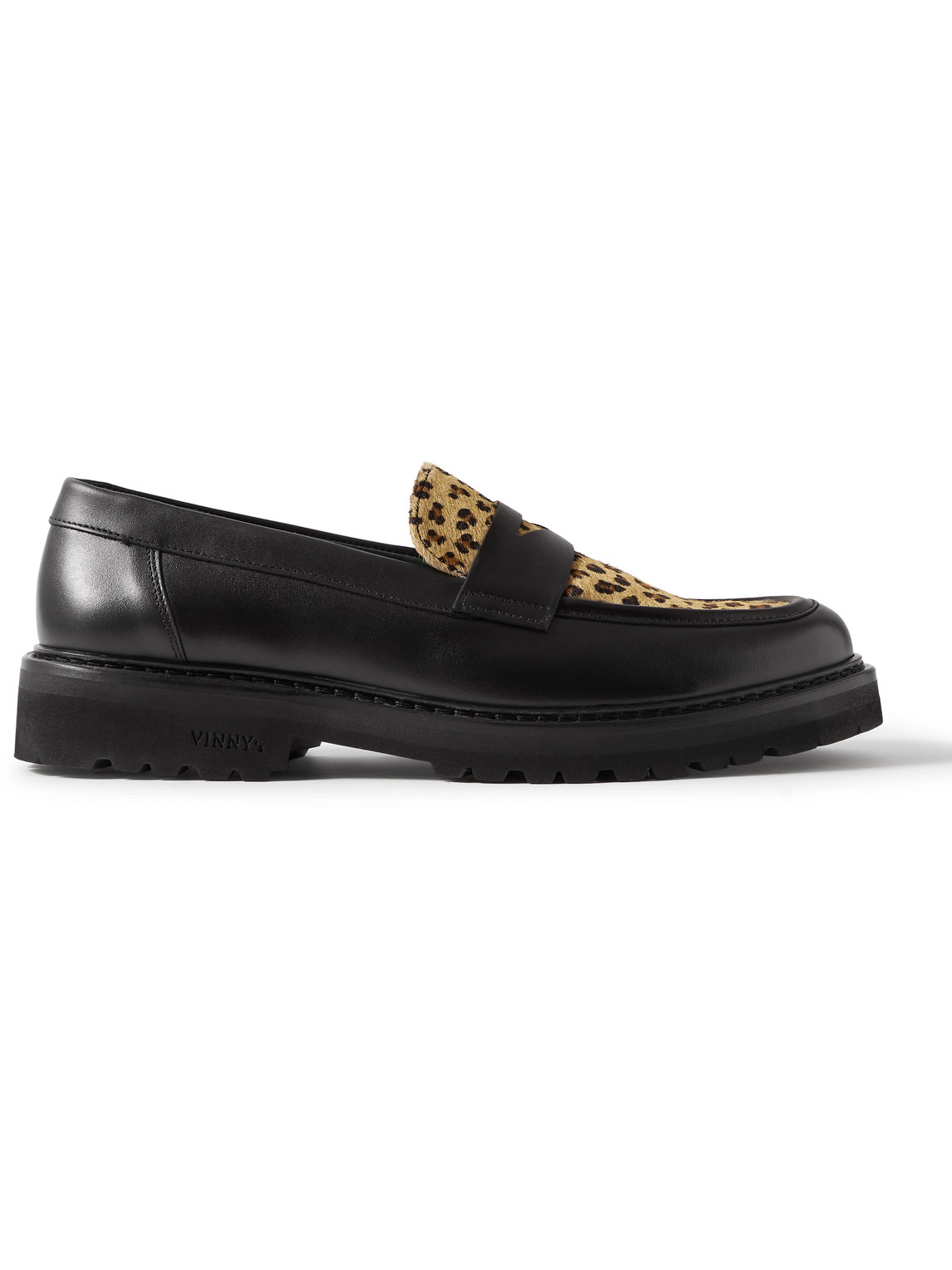 Vinny's Richee Leopard-print Calf Hair-trimmed Leather Penny Loafers In Black