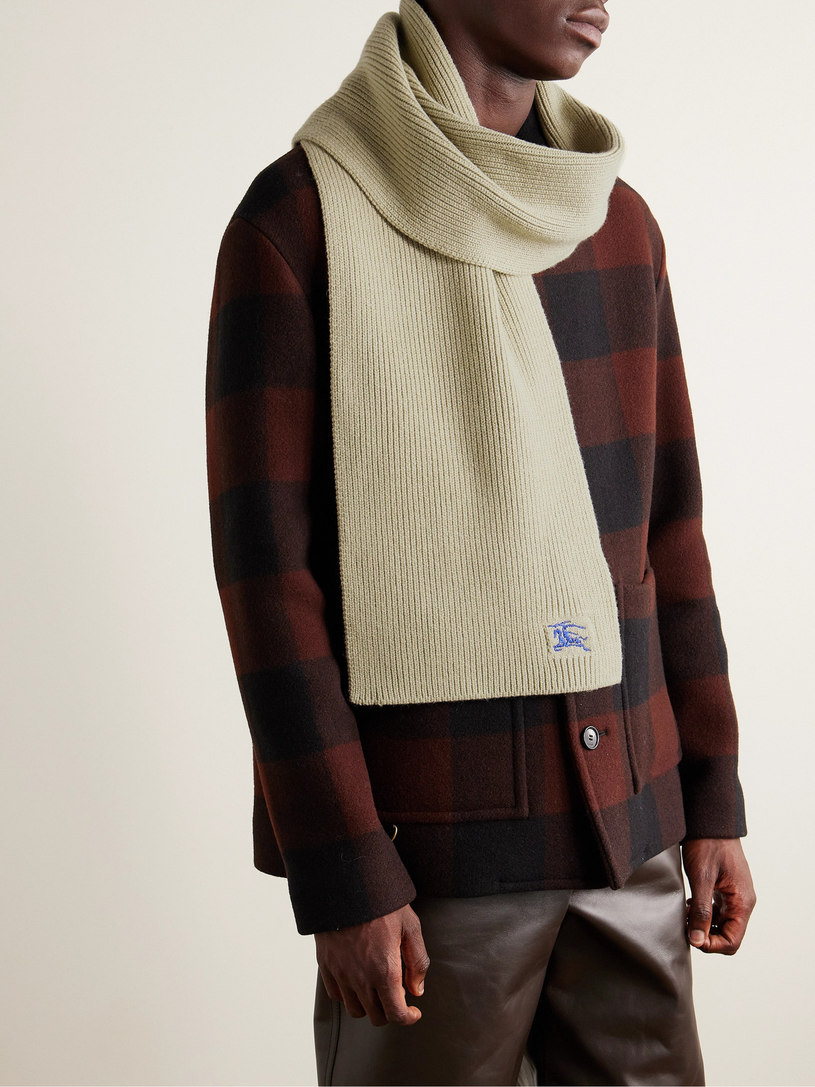 Shop Burberry Logo-embroidered Ribbed Cashmere Scarf In Green