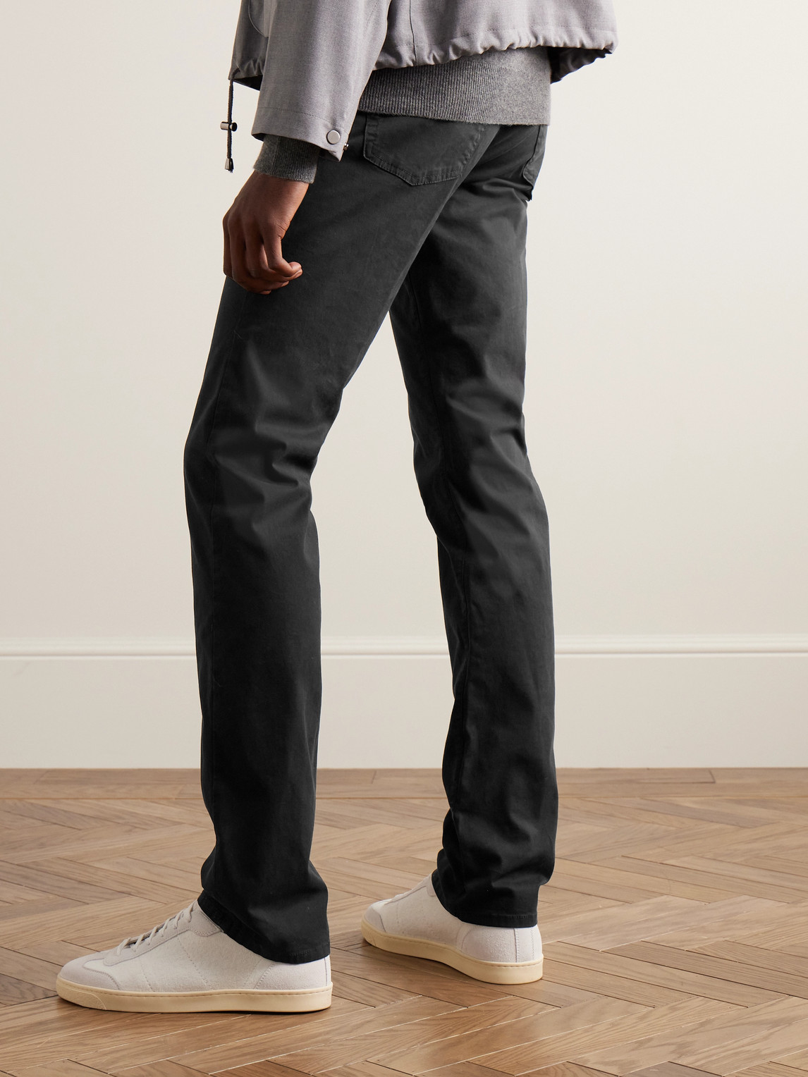 Shop Canali Slim-fit Straight-leg Garment-dyed Cotton-blend Twill Trousers In Black