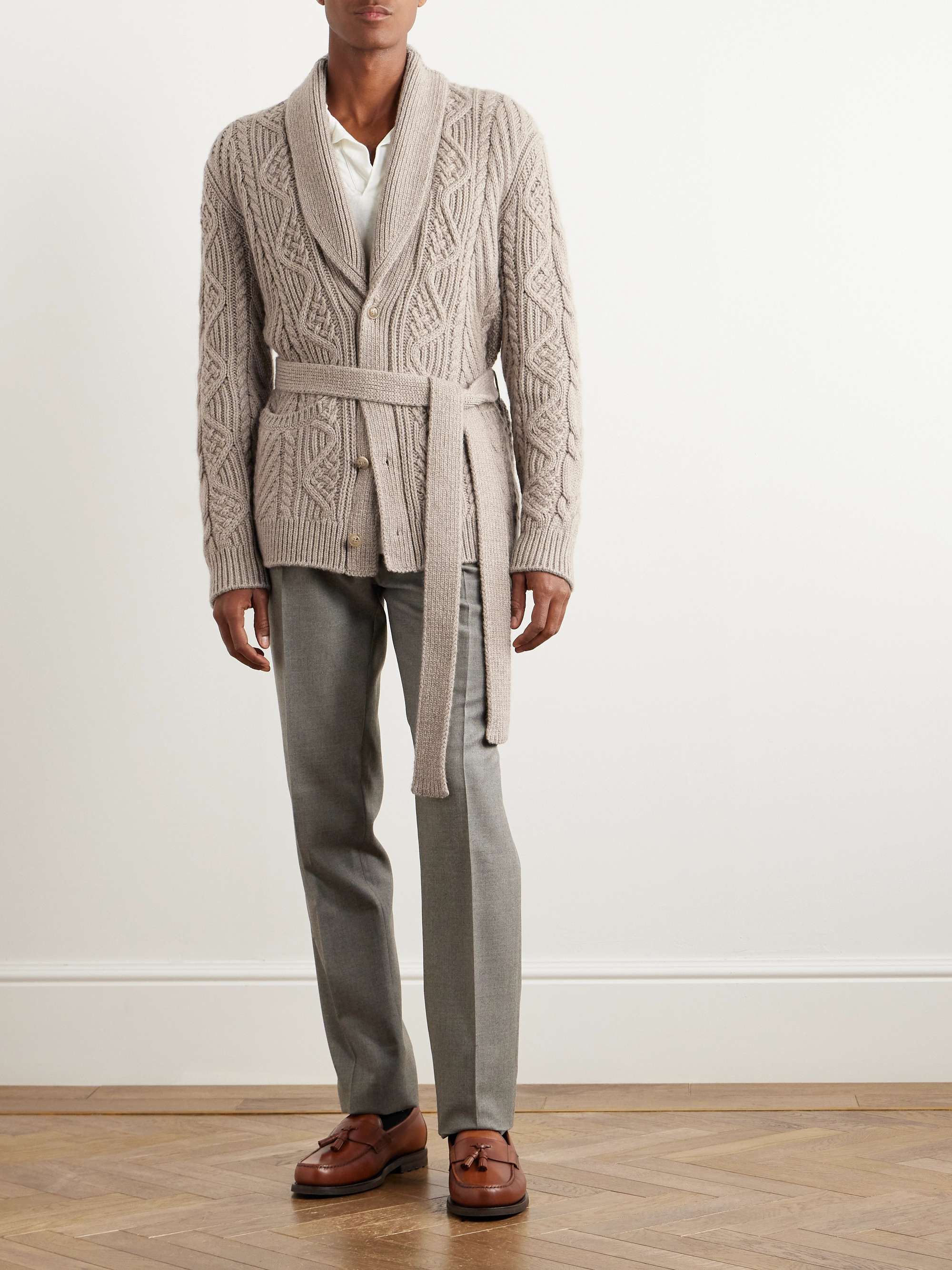 RALPH LAUREN PURPLE LABEL Shawl-Collar Belted Cable-Knit Cashmere Cardigan  for Men | MR PORTER