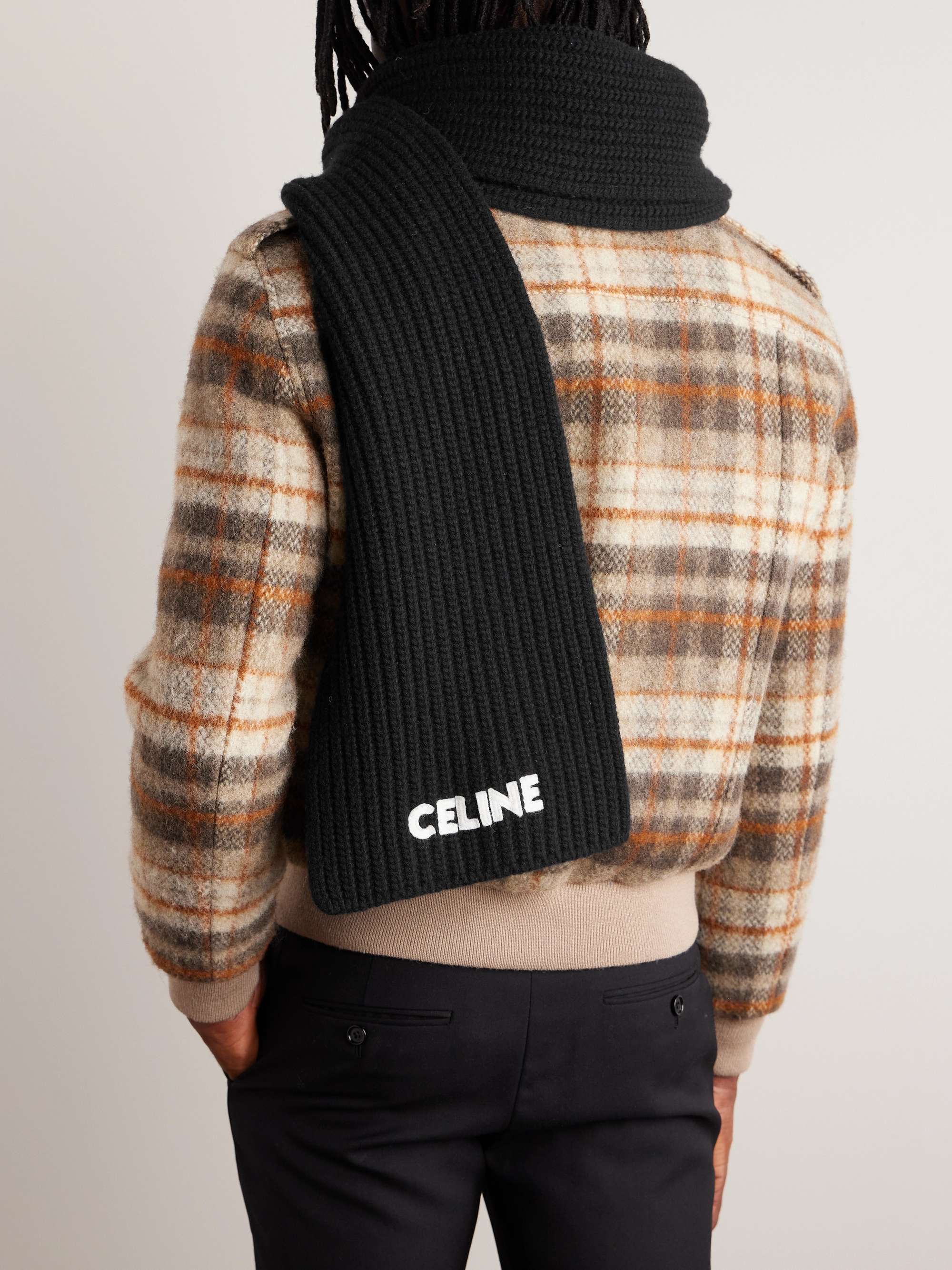 CELINE HOMME Logo-Appliquéd Ribbed Wool Scarf for Men | MR PORTER