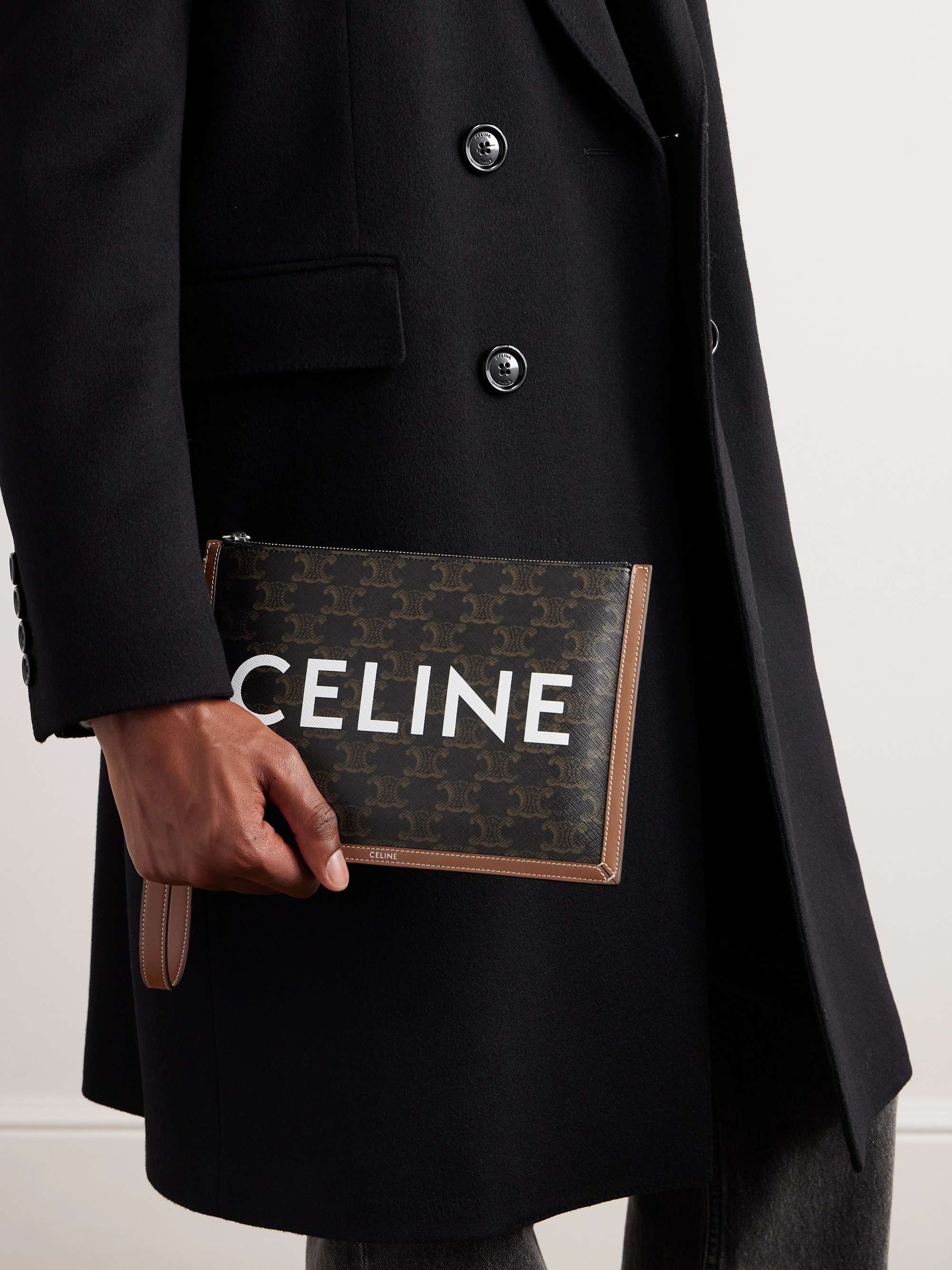 CELINE HOMME Small Triomphe Leather-Trimmed Logo-Print Coated