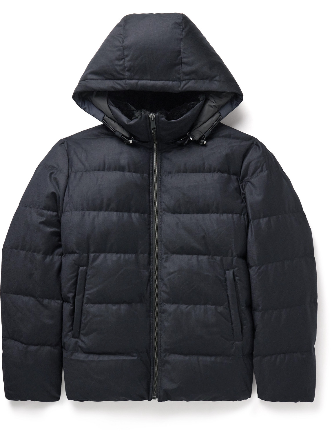 Yves Salomon Shearling-trimmed Quilted Virgin Wool And Silk-blend Hooded Down Coat In Blue