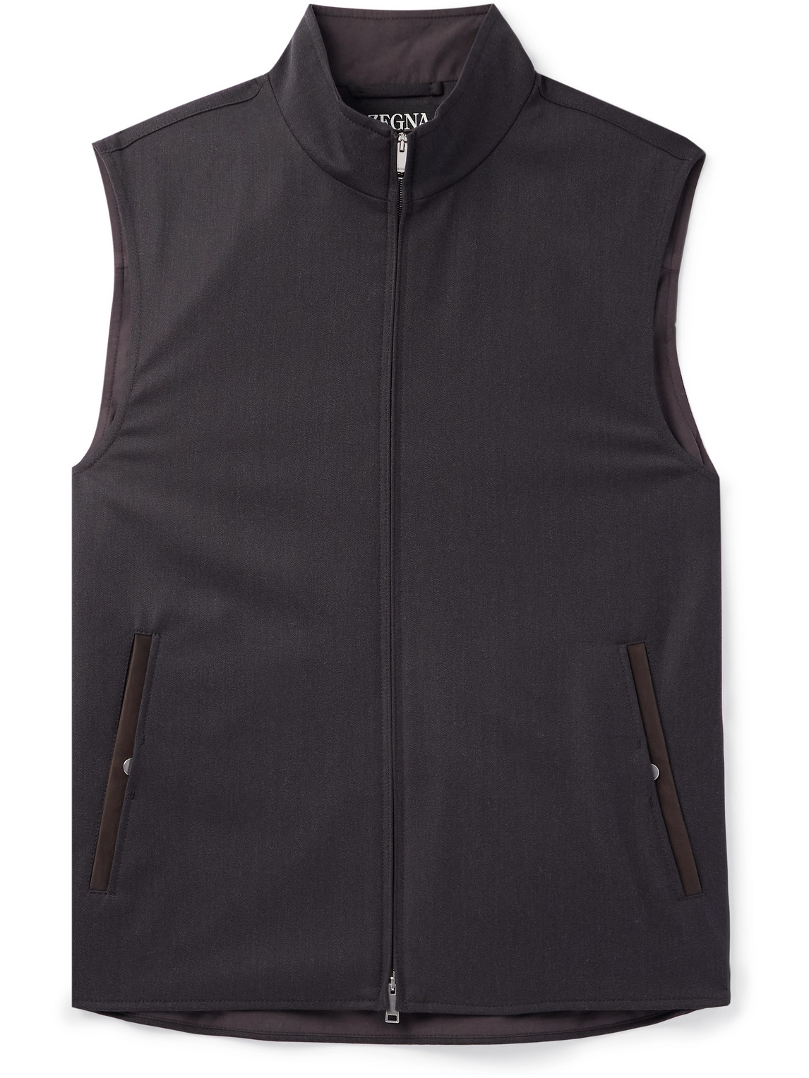 Zegna Leather-trimmed Wool, Mohair And Silk-blend Twill Gilet In Brown