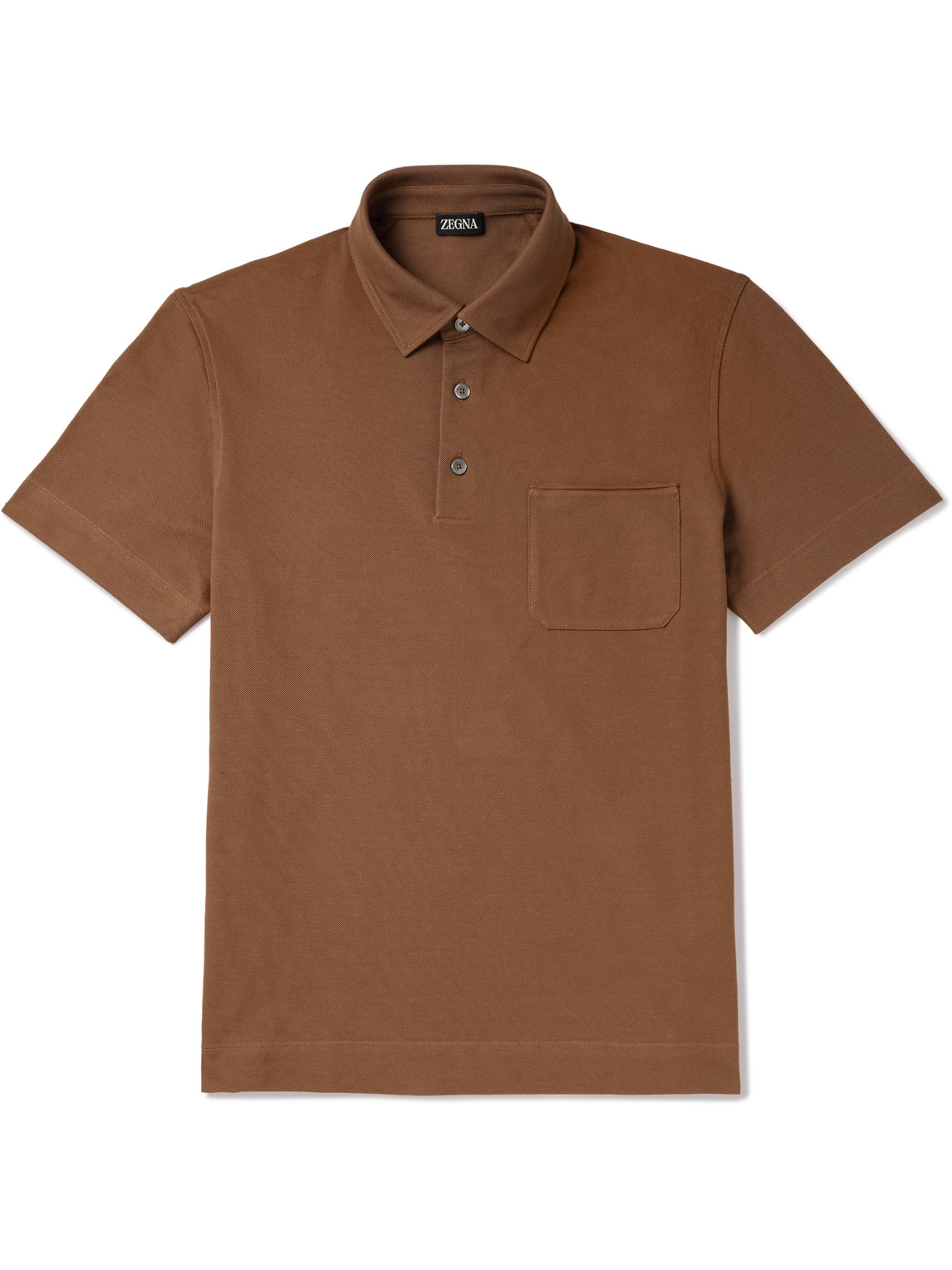 Zegna Leather-trimmed Cotton-piqué Polo Shirt In Brown