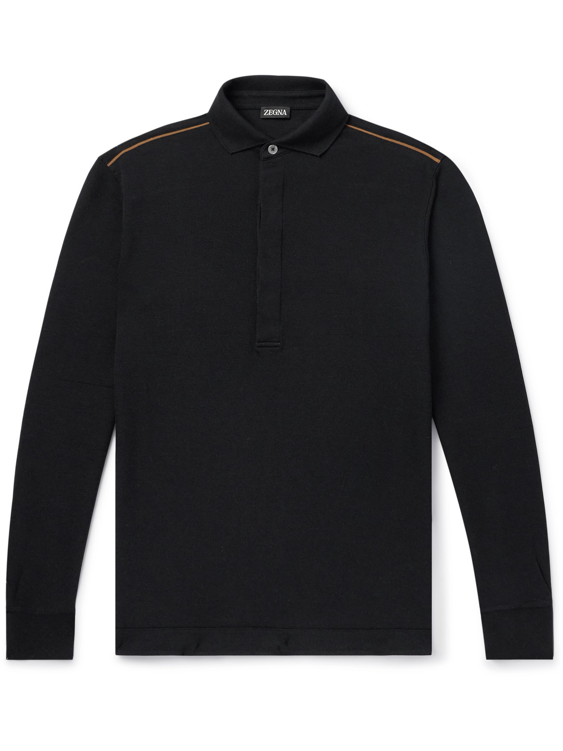 Zegna Leather-trimmed Cotton-piqué Polo Shirt In Black