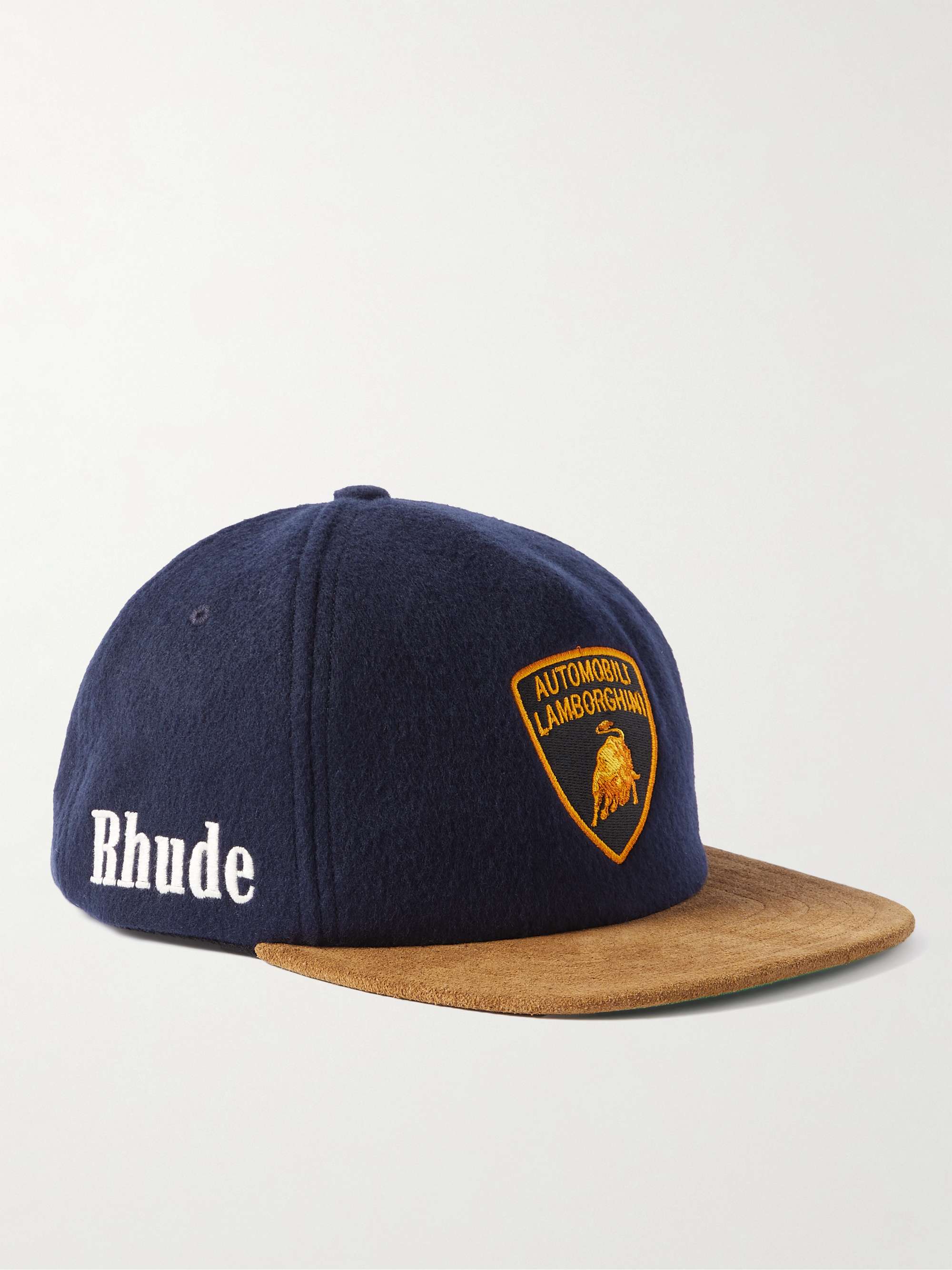 RHUDE + Automobili Lamborghini Logo-Appliquéd Embroidered Suede-Trimmed  Wool-Blend Trucker Cap for Men | MR PORTER