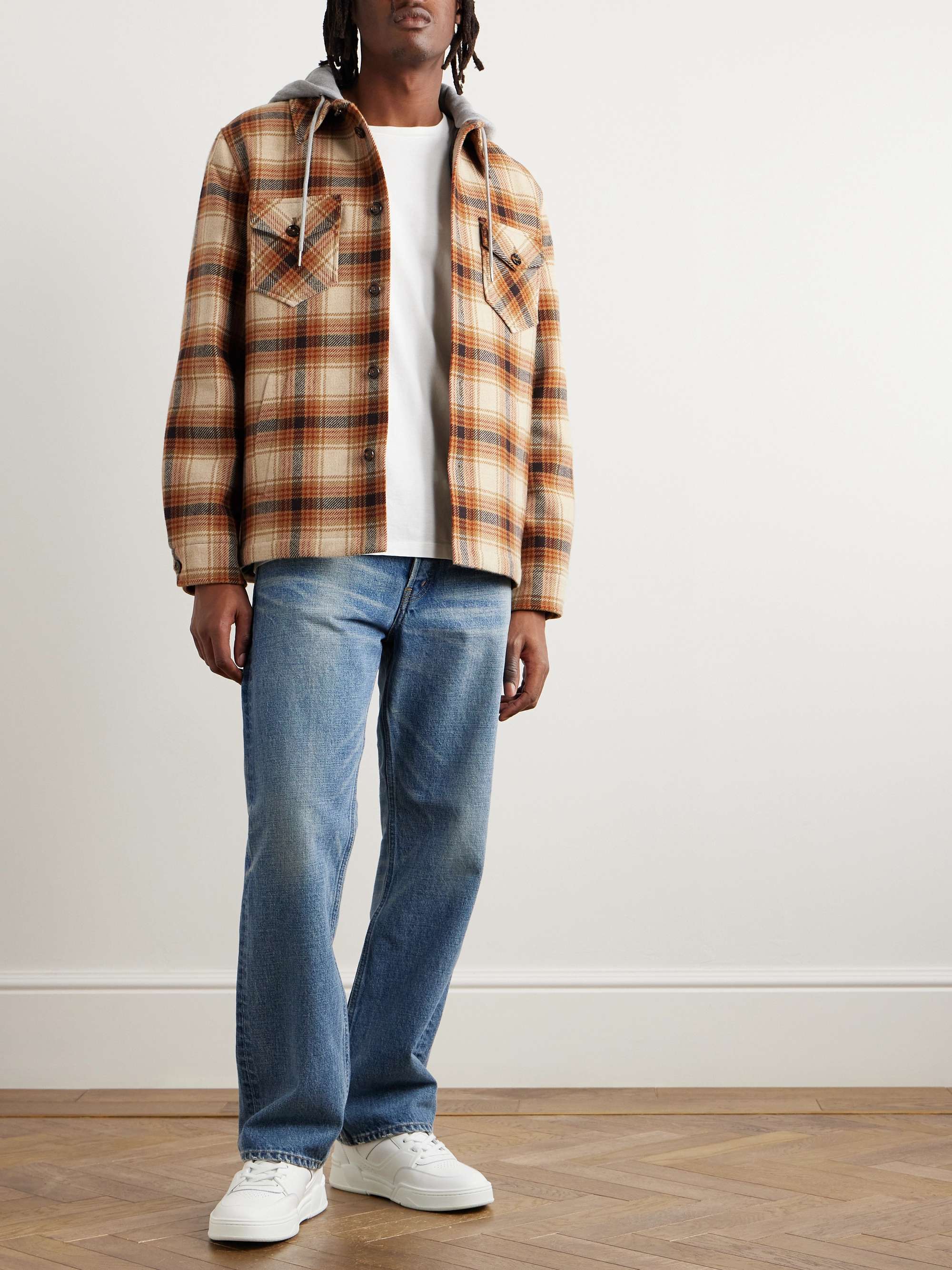 CELINE HOMME Logo-Print Cotton-Trimmed Checked Wool Hooded Overshirt for  Men | MR PORTER