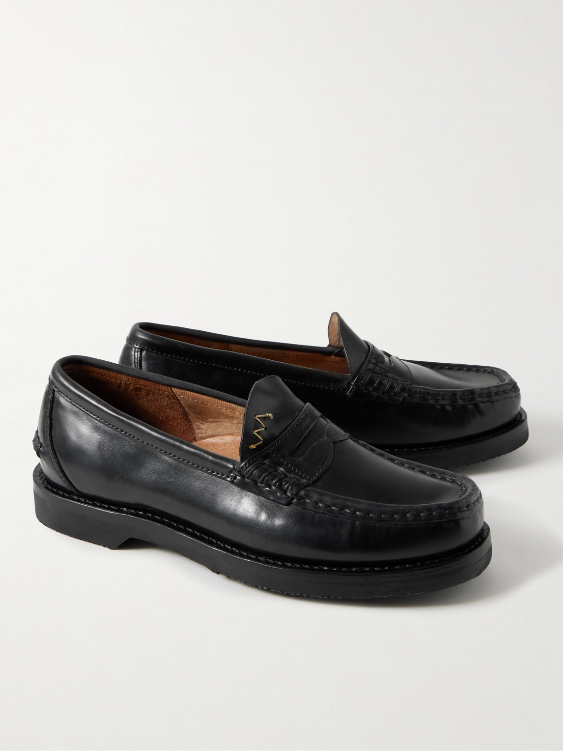Shop Visvim Fabro Folk Leather Penny Loafers In Black