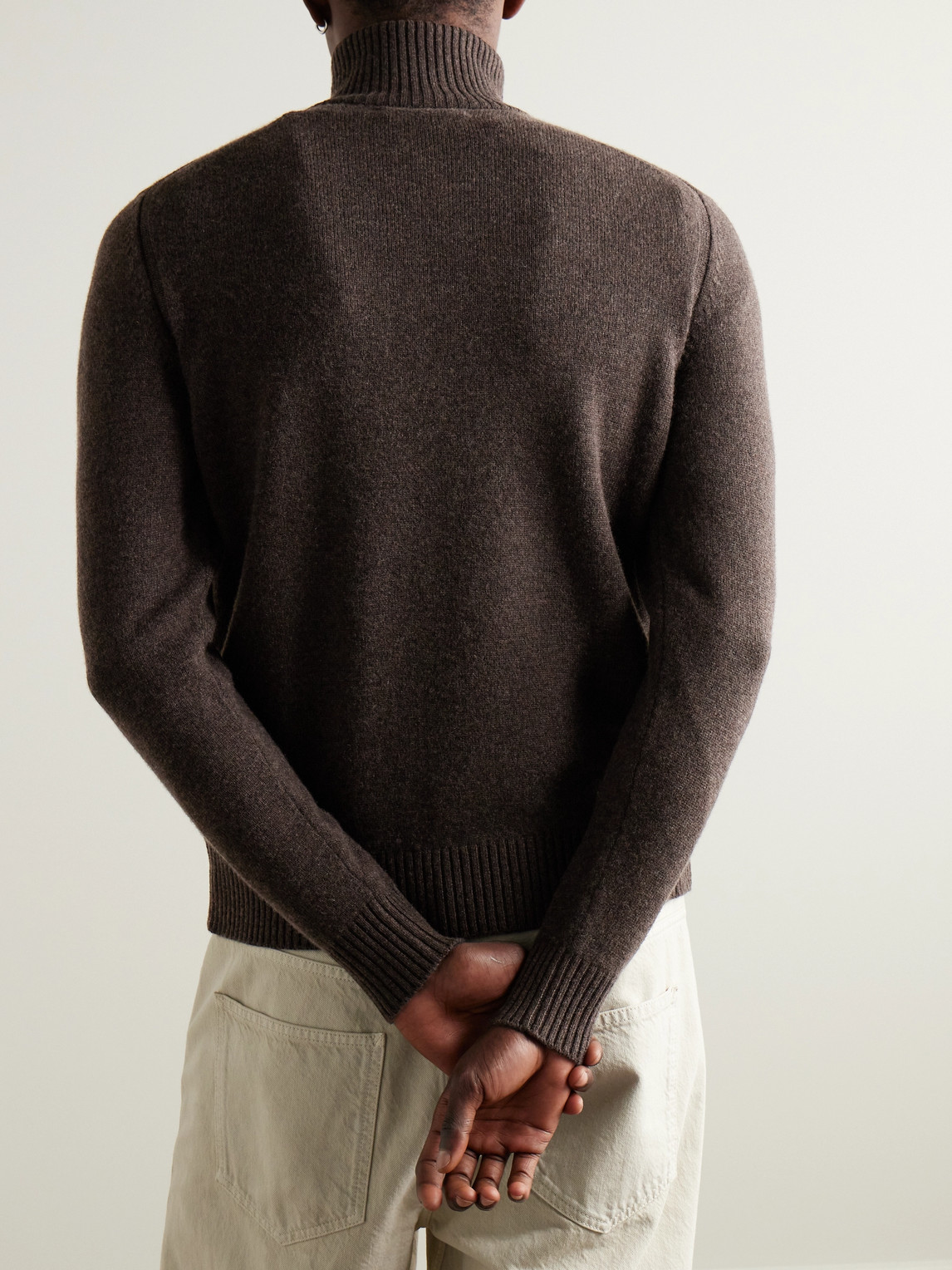 Shop Purdey Leather-trimmed Cashmere Half-zip Sweater In Brown