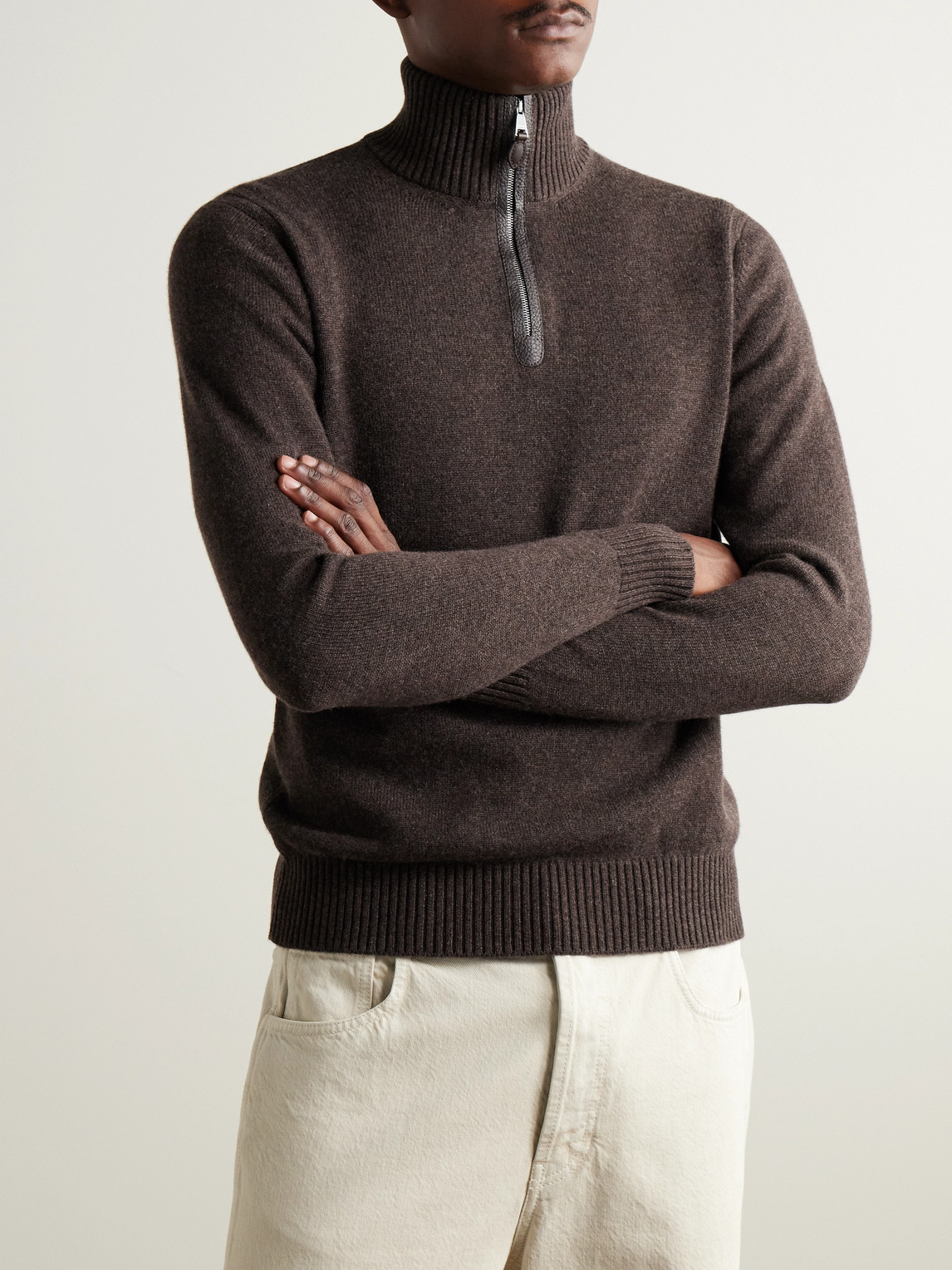 Shop Purdey Leather-trimmed Cashmere Half-zip Sweater In Brown
