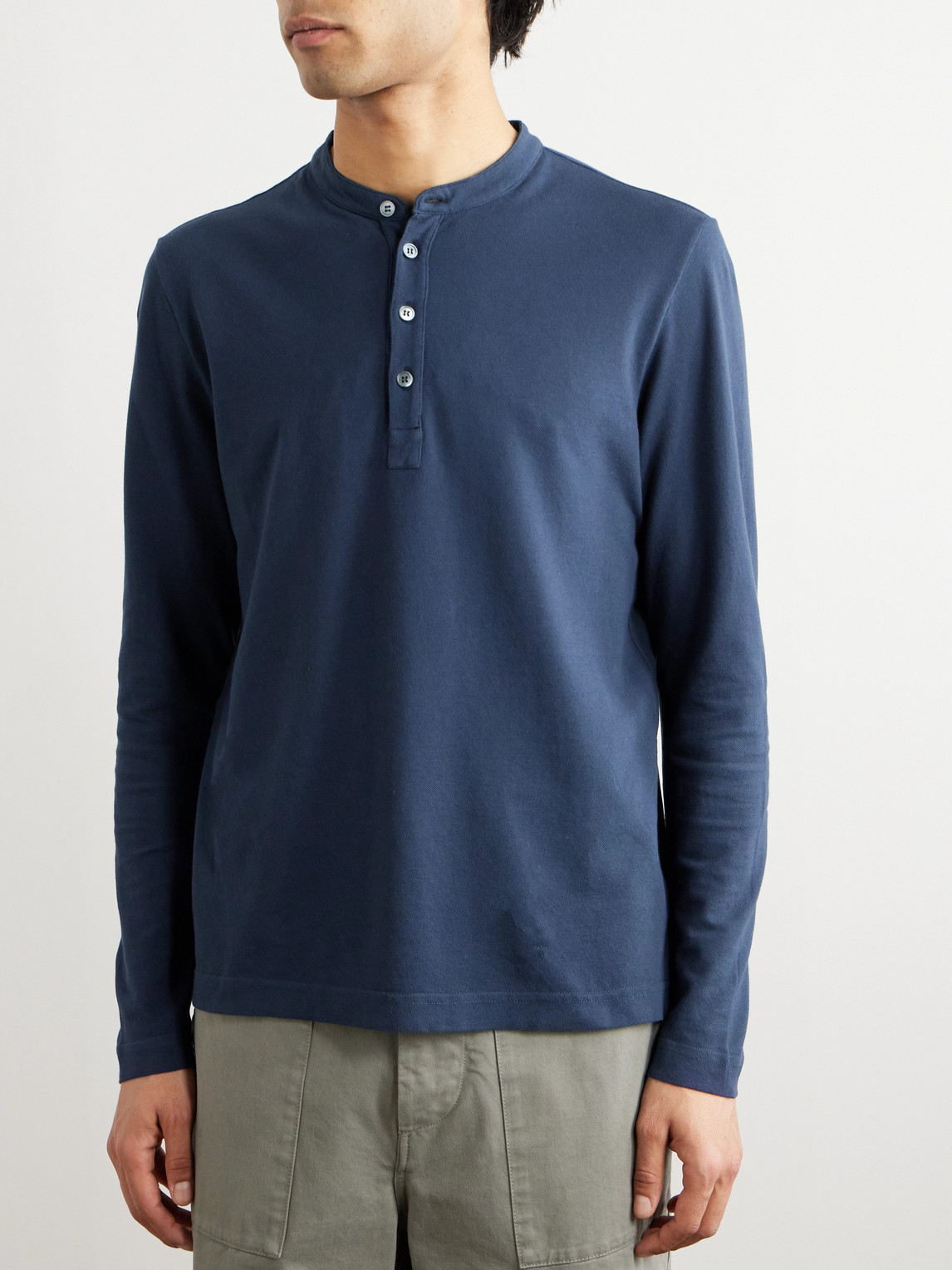 Shop Incotex Zanone Garment-dyed Cotton-piqué Henley T-shirt In Blue