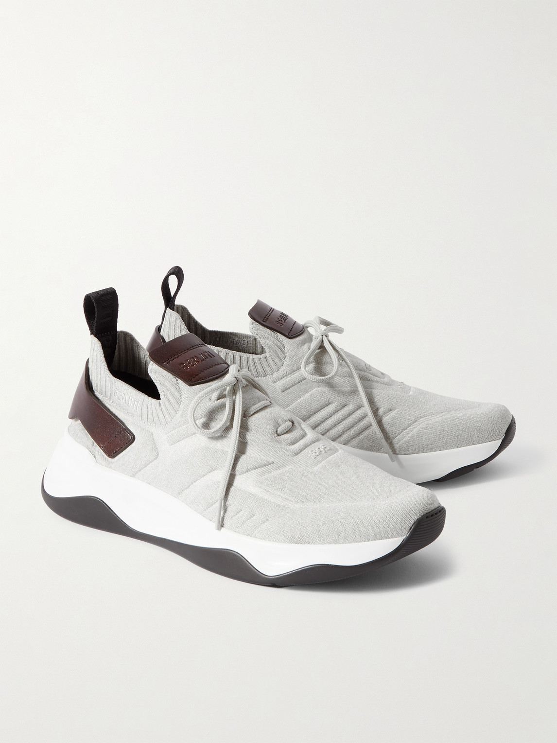 Shop Berluti Shadow Leather-trimmed Stretch-knit Sneakers In Gray