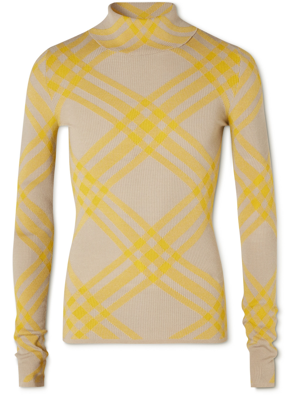 BURBERRY CHECKED RIBBED WOOL-BLEND ROLLNECK SWEATER