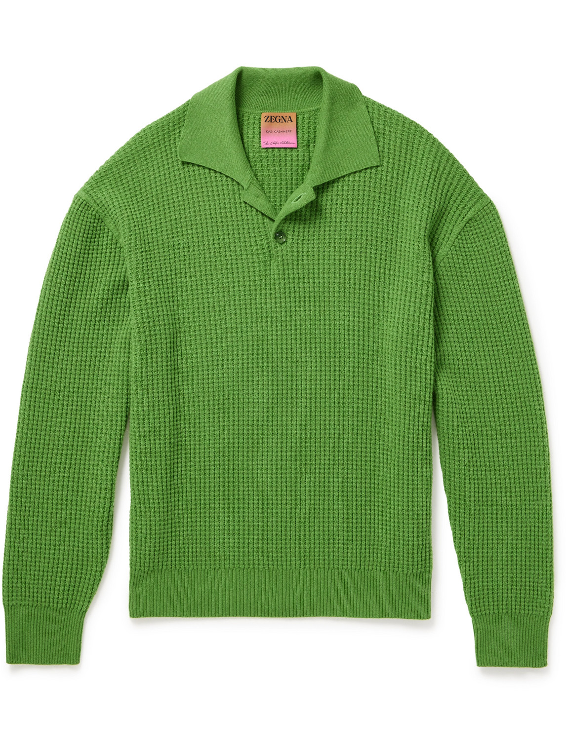 Zegna X The Elder Statesman Waffle-knit Oasi Cashmere Polo Shirt In Green