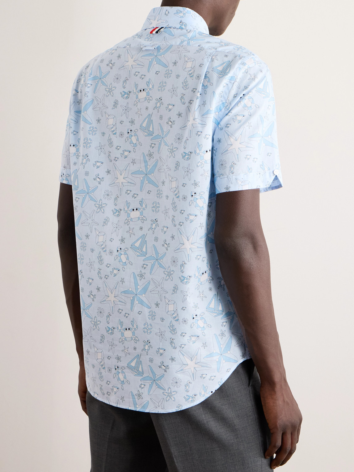 Shop Thom Browne Button-down Collar Logo-appliquéd Printed Cotton-voile Shirt In Blue