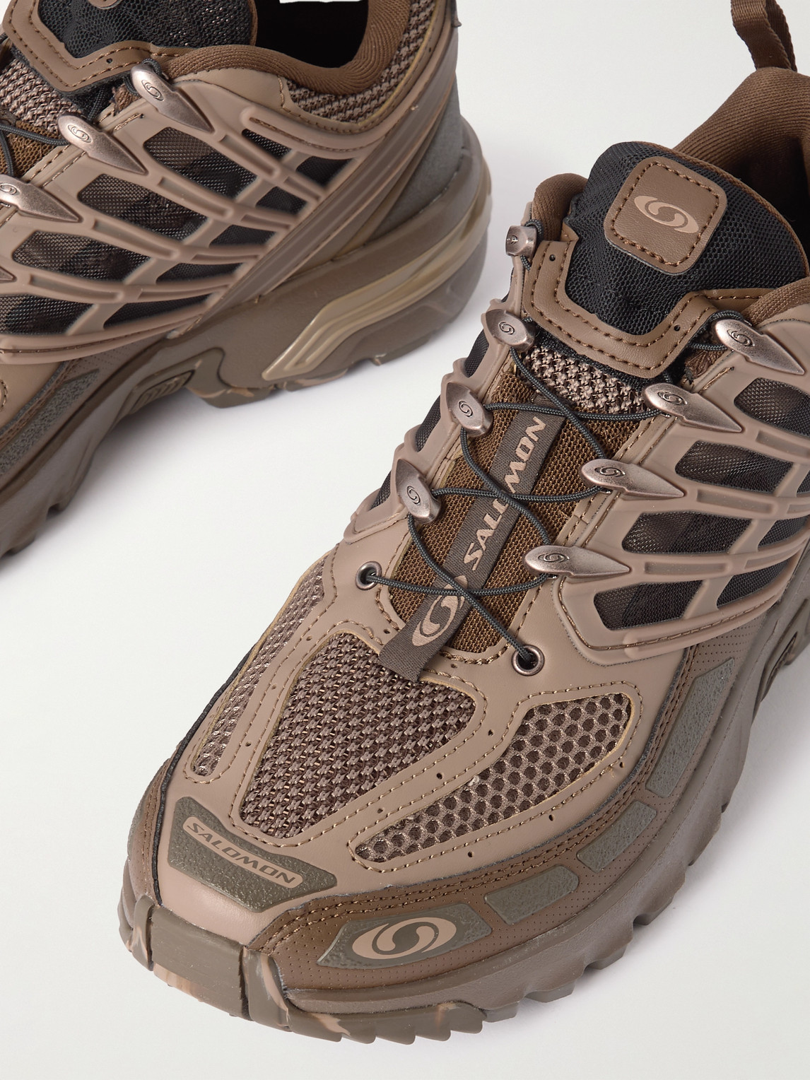 Shop Salomon Acs Pro Desert Rubber-trimmed Faux Leather And Mesh Sneakers In Brown