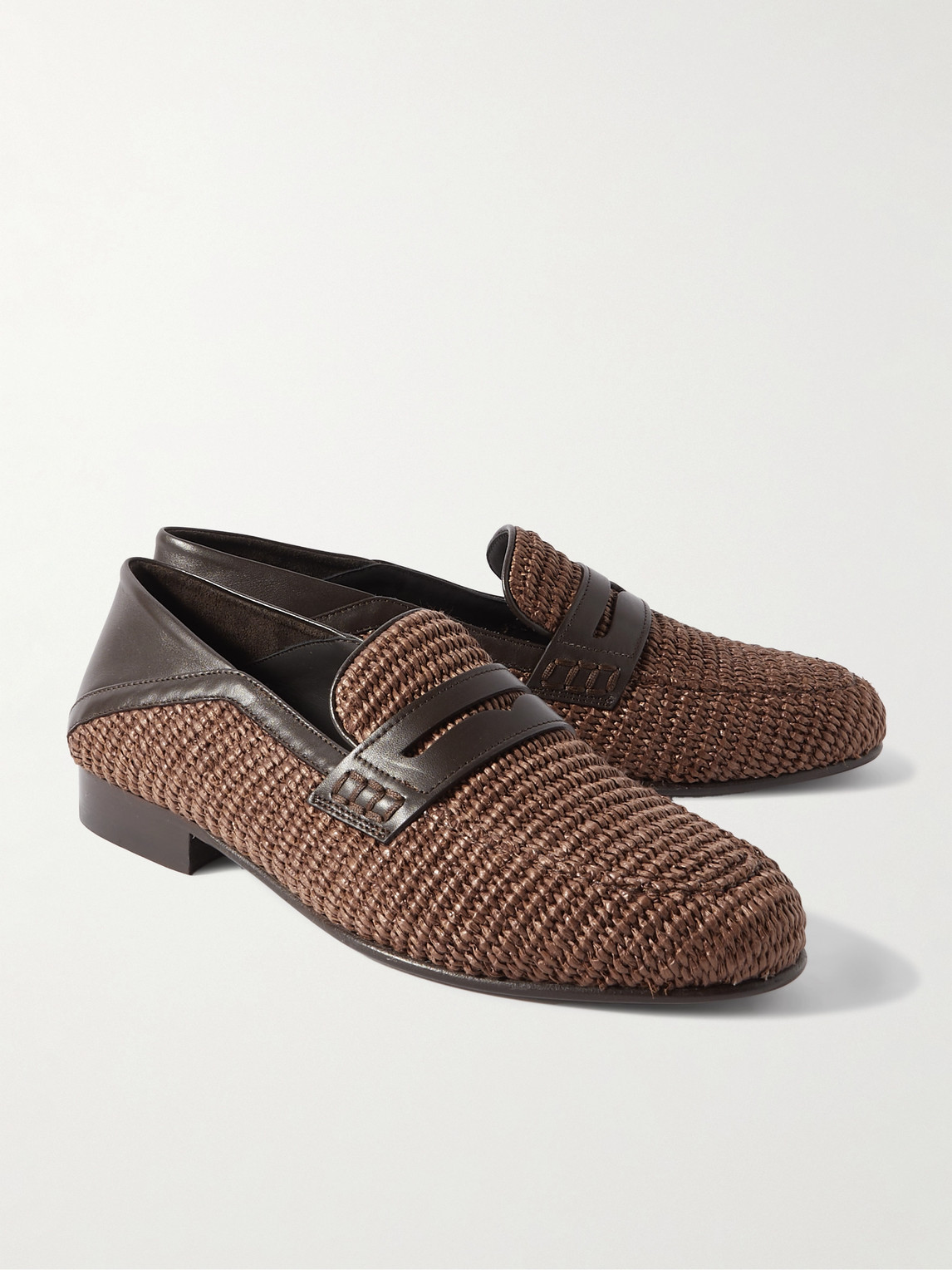 Shop Manolo Blahnik Padstow Leather-trimmed Raffia Loafers In Brown
