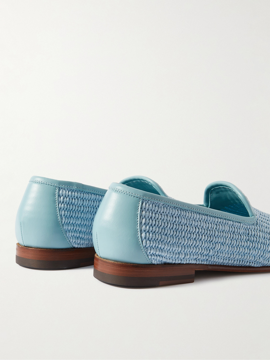 Shop Manolo Blahnik Mario Leather-trimmed Raffia Loafers In Blue