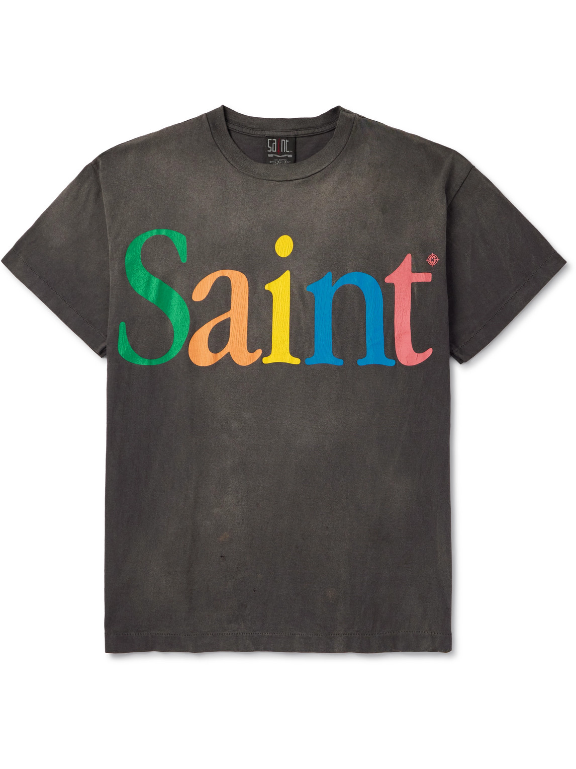 Saint Mxxxxxx Rainbow Logo-print Distressed Cotton-jersey T-shirt In Gray