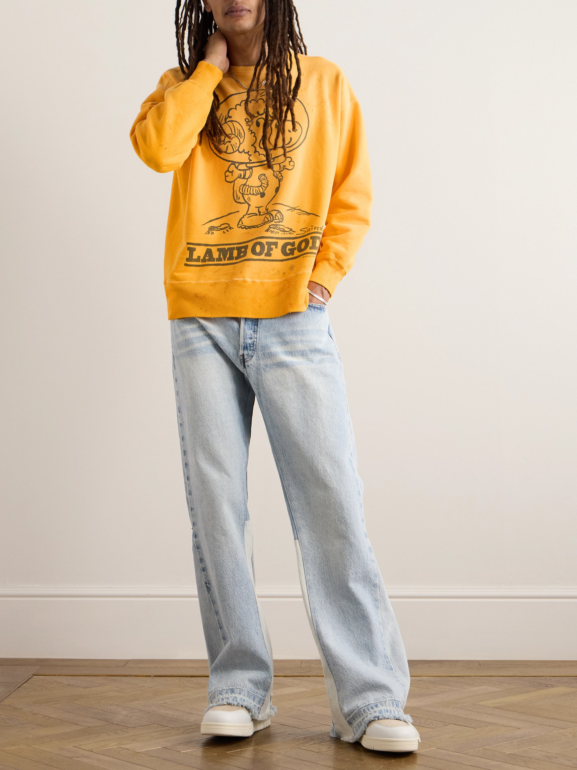 Shop Saint Mxxxxxx Distressed Printed Cotton-jersey Sweatshirt In Yellow