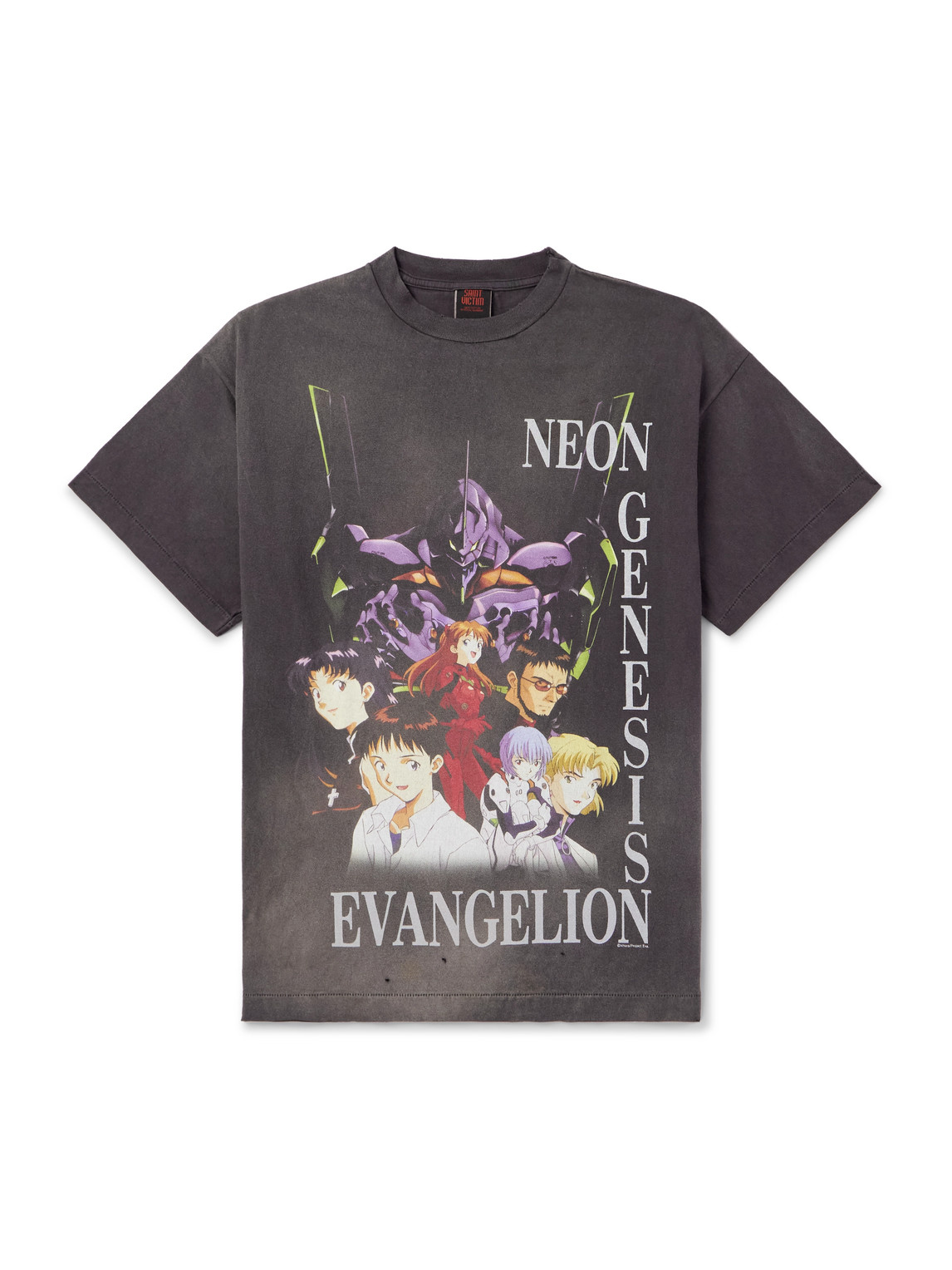 Saint Mxxxxxx Evangelion Distressed Printed Cotton-jersey T-shirt In Black